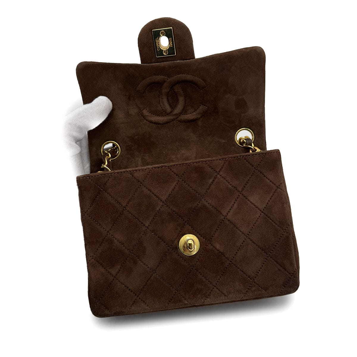 Luxury Promise Japan VINTAGE CHANEL MINI SQUARE 17 CHAIN SHOULDER BAG BROWN SUEDE GOLD HARDWARE 90317920