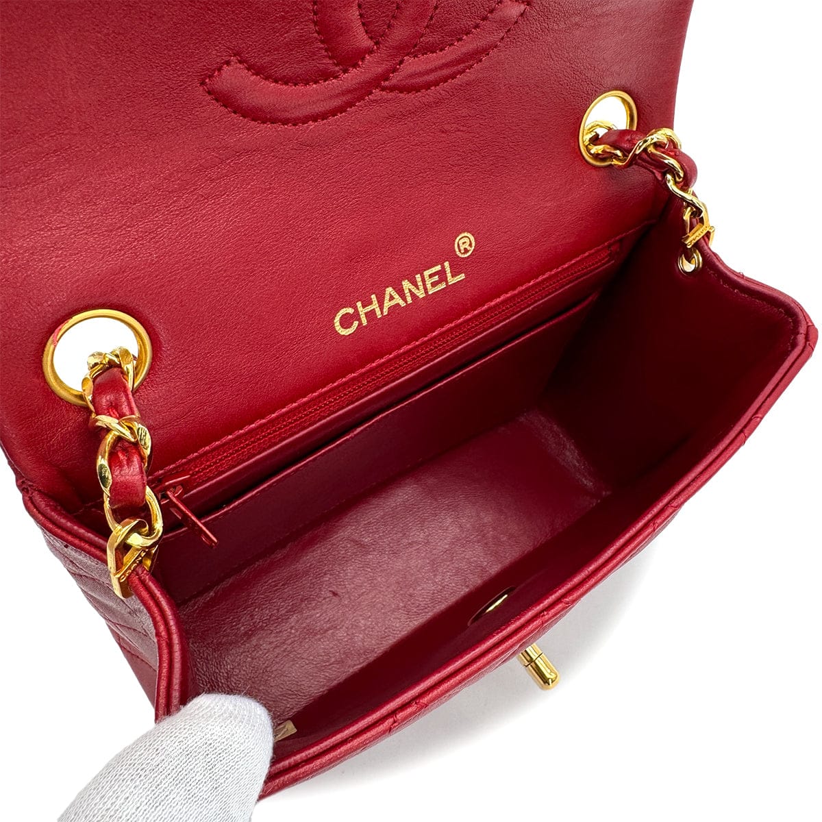 Luxury Promise Japan VINTAGE CHANEL MINI SQUARE 17 CHAIN SHOULDER BAG RED LAMB SKIN GOLD HARDWARE 90307916
