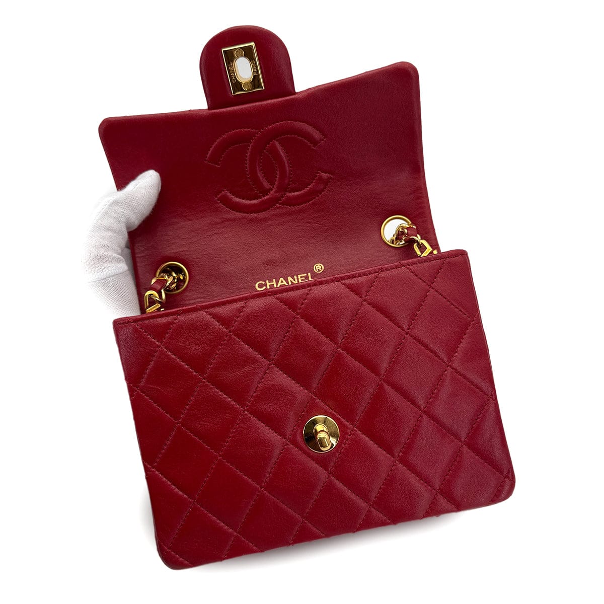 Luxury Promise Japan VINTAGE CHANEL MINI SQUARE 17 CHAIN SHOULDER BAG RED LAMB SKIN GOLD HARDWARE 90307916