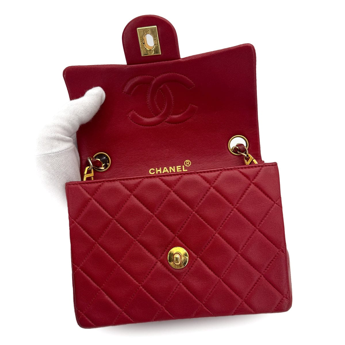 Luxury Promise Japan VINTAGE CHANEL MINI SQUARE 17 CHAIN SHOULDER BAG RED LAMB SKIN GOLD HARDWARE 90317890