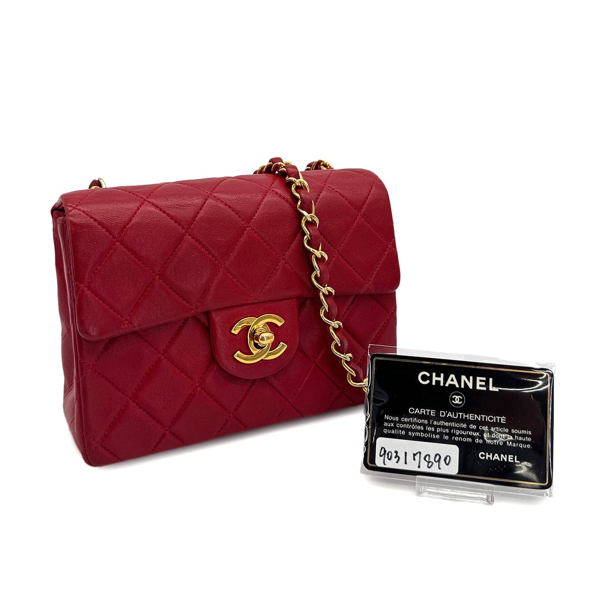 Luxury Promise Japan VINTAGE CHANEL MINI SQUARE 17 CHAIN SHOULDER BAG RED LAMB SKIN GOLD HARDWARE 90317890