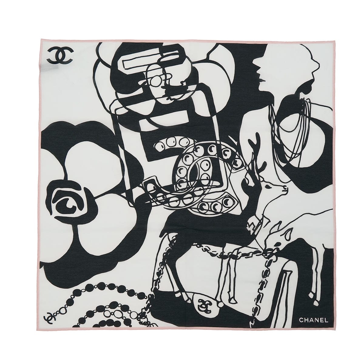 Luxury Promise Japan VINTAGE CHANEL SCARF CAMELLIA COCOMARK MADEMOISELLE BLACK WHITE COTTON SILK 90321176