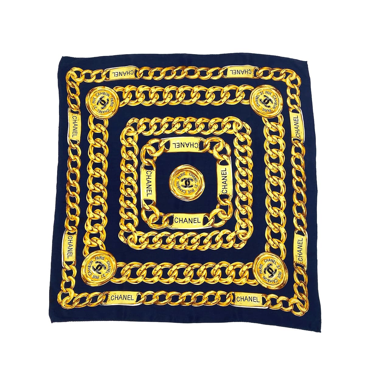 Luxury Promise Japan VINTAGE CHANEL SCARF COCOMARK CHAIN MOTIF NAVY SILK 90317621