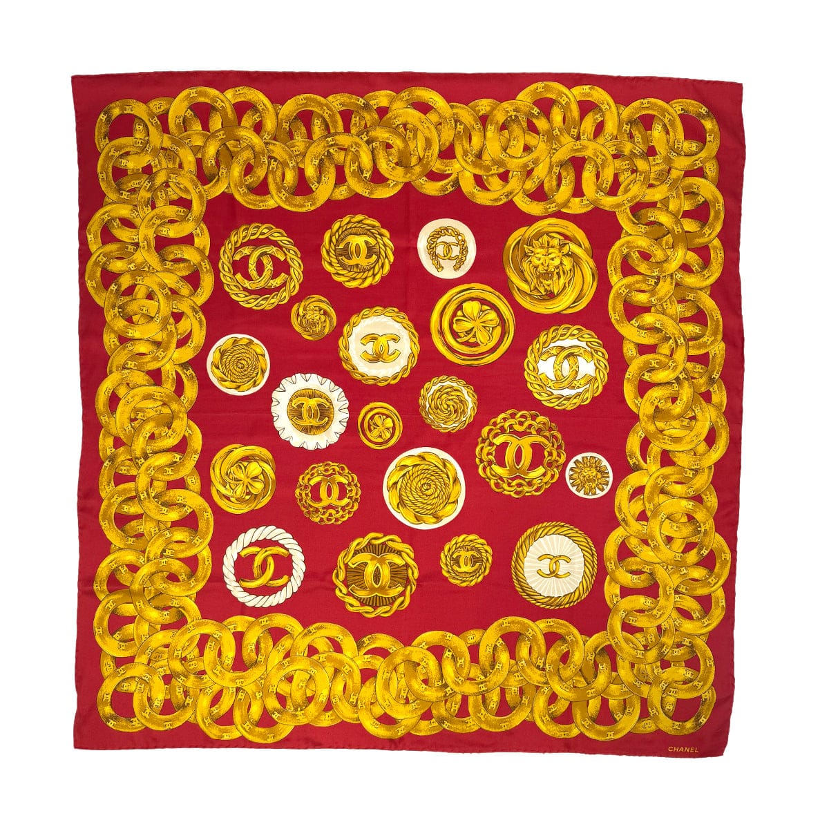 Luxury Promise Japan VINTAGE CHANEL SCARF COCOMARK CHAIN PATTERN RED GOLD SILK 90318646