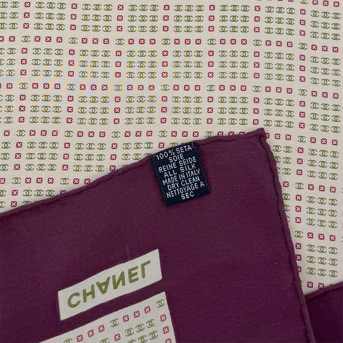 Luxury Promise Japan VINTAGE CHANEL SCARF COCOMARK PATTERN PURPLE BEIGE SILK 90319725