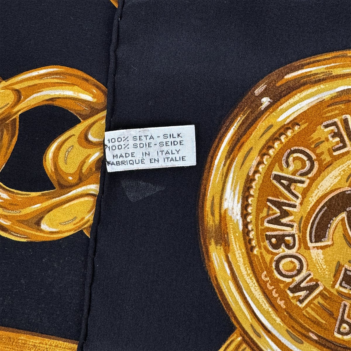 luxury promise japan VINTAGE CHANEL SCARF LOGO CHAIN PATTERN BLACK GOLD SILK 90319715