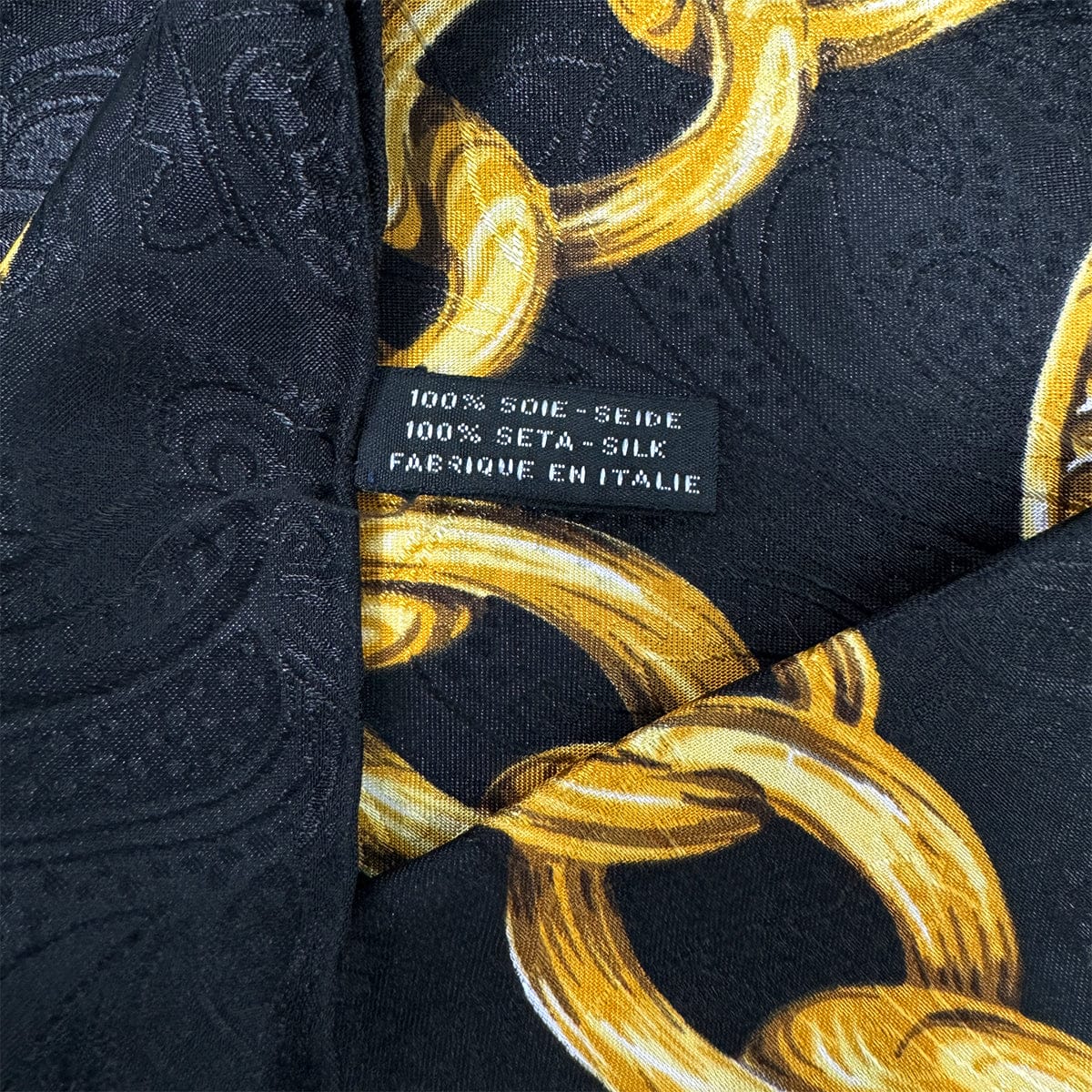 Luxury Promise Japan VINTAGE CHANEL SCARF LOGO CHAIN PATTERN BLACK YELLOW SILK 90318282