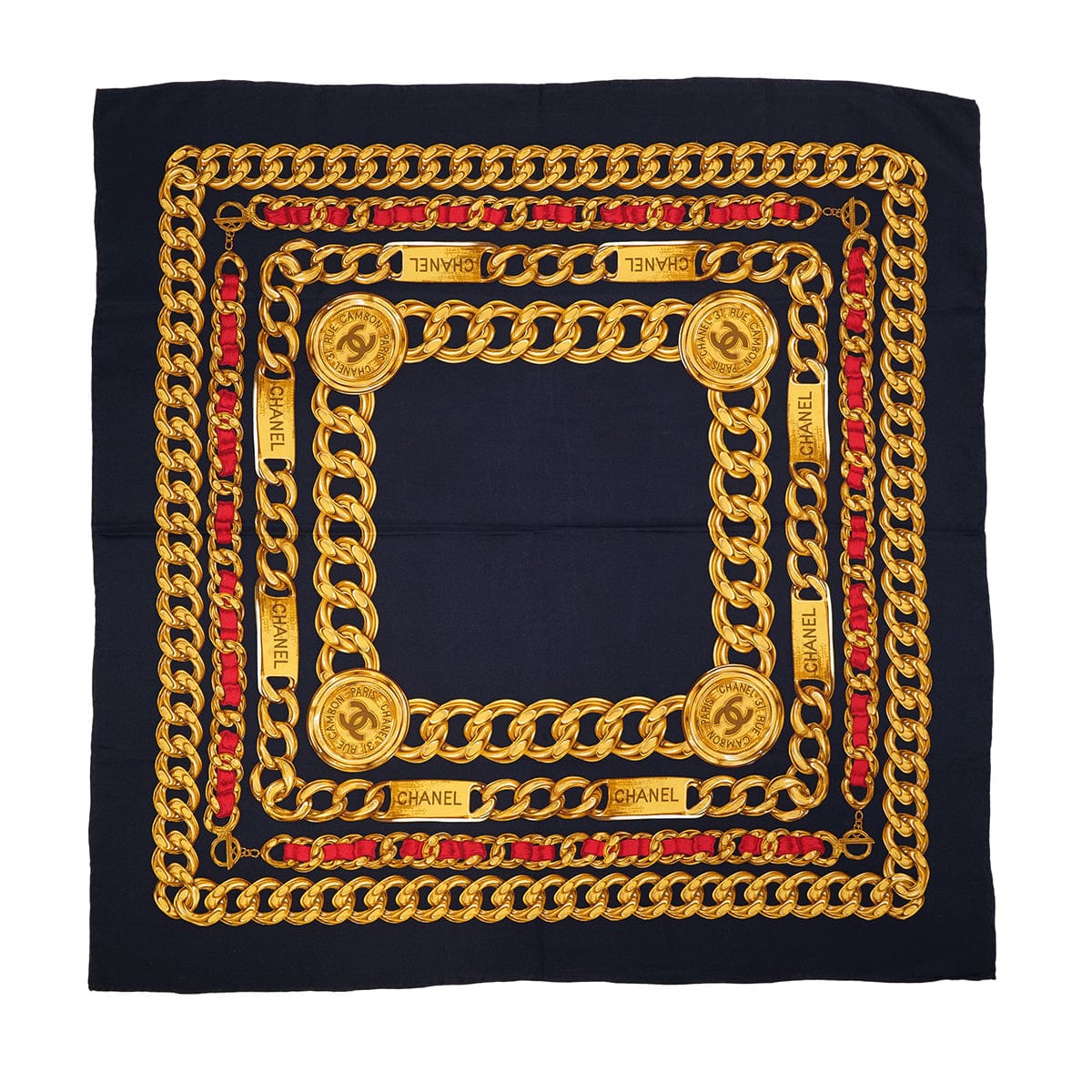 Luxury Promise Japan VINTAGE CHANEL SCARF LOGO CHAIN PATTERN BLACK YELLOW SILK 90318641