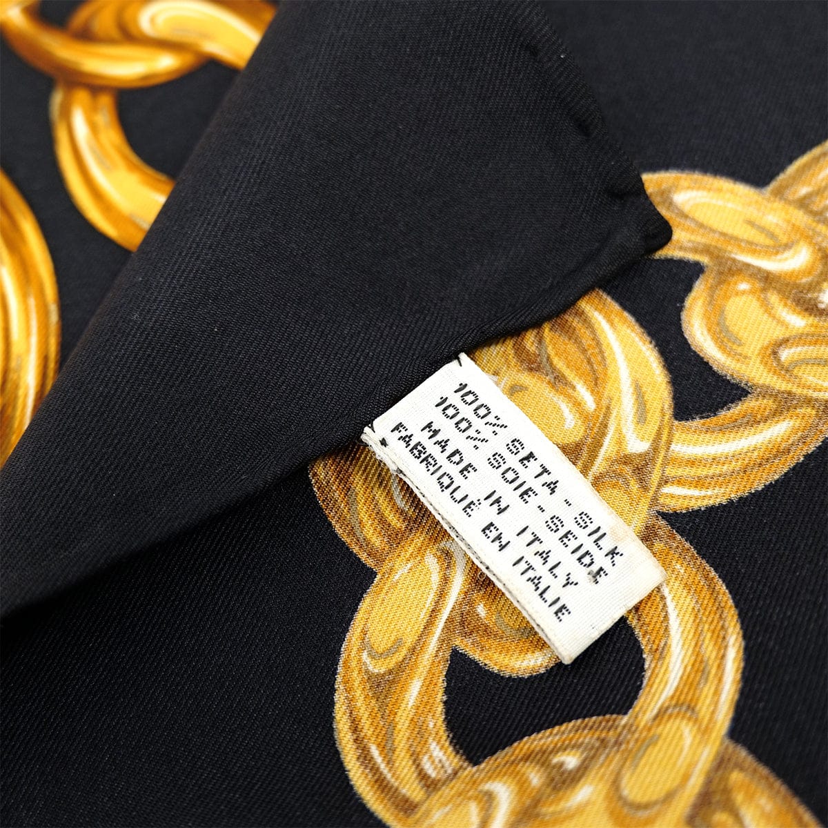 Luxury Promise Japan VINTAGE CHANEL SCARF LOGO CHAIN PATTERN BLACK YELLOW SILK 90318641