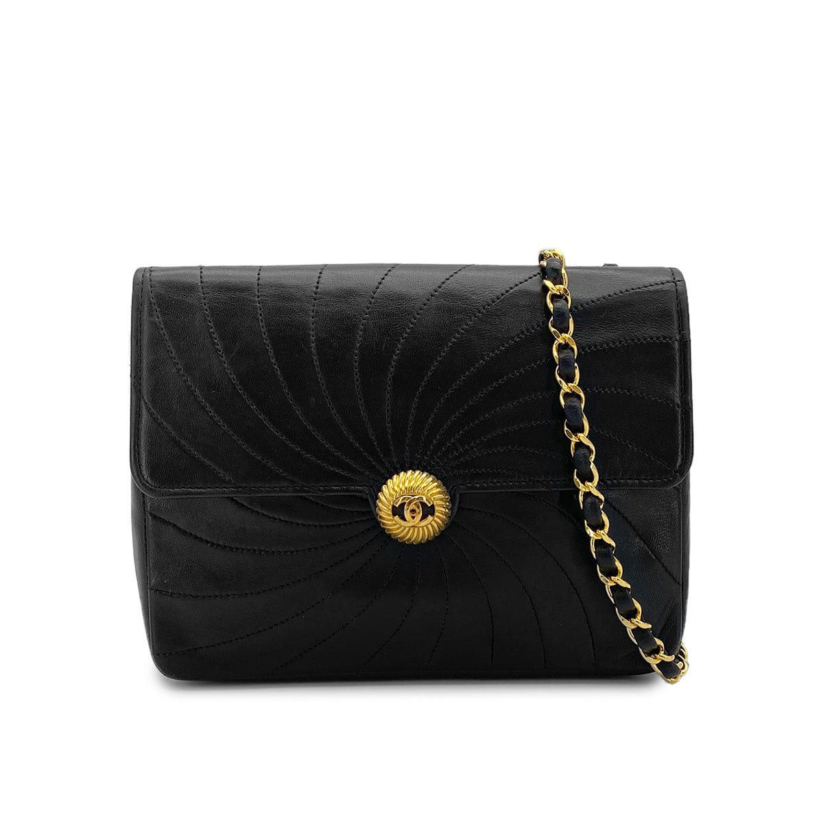 Luxury Promise Japan VINTAGE CHANEL SPIRAL CHAIN SHOULDER BAG BLACK LAMB SKIN GOLD HARDWARE 90315438