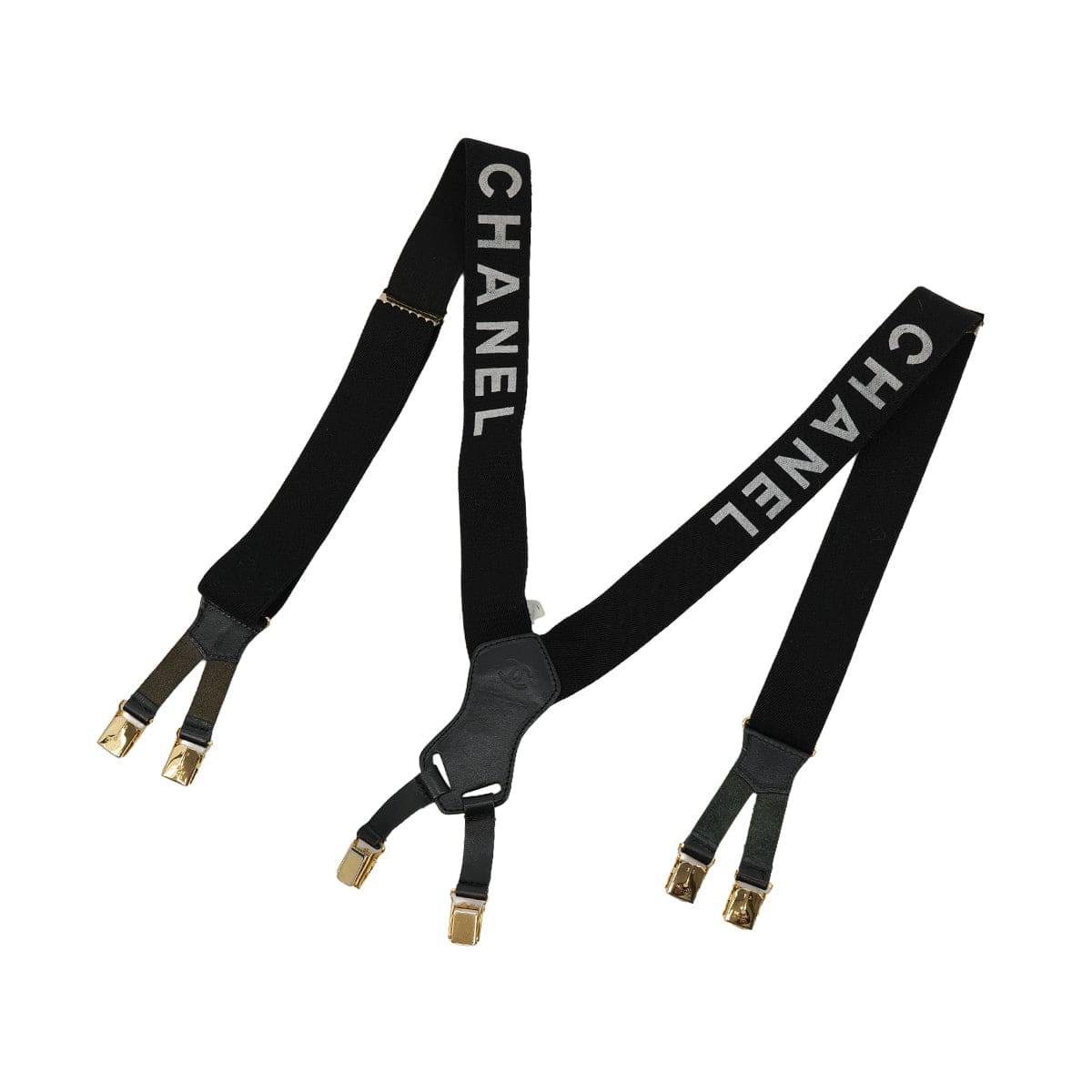 Luxury Promise Japan VINTAGE CHANEL SUSPENDER LOGO BLACK WHITE CANVAS LEATHER 90311994