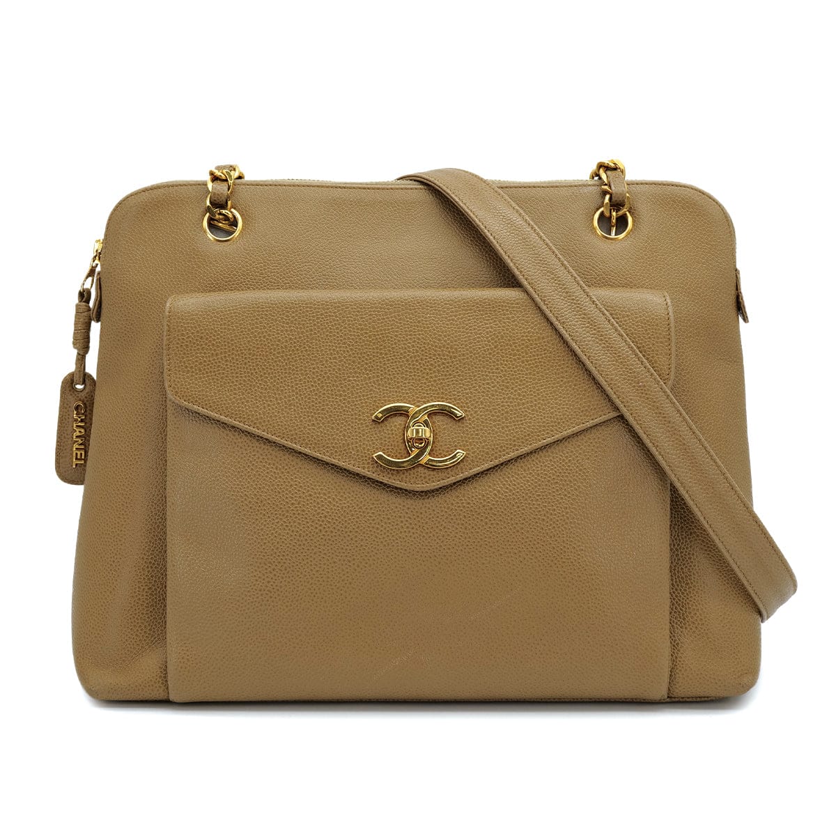 Luxury Promise Japan VINTAGE CHANEL TURN LOCK CHAIN TOTE BAG BEIGE CAVIAR SKIN GOLD HARDWARE 90311266