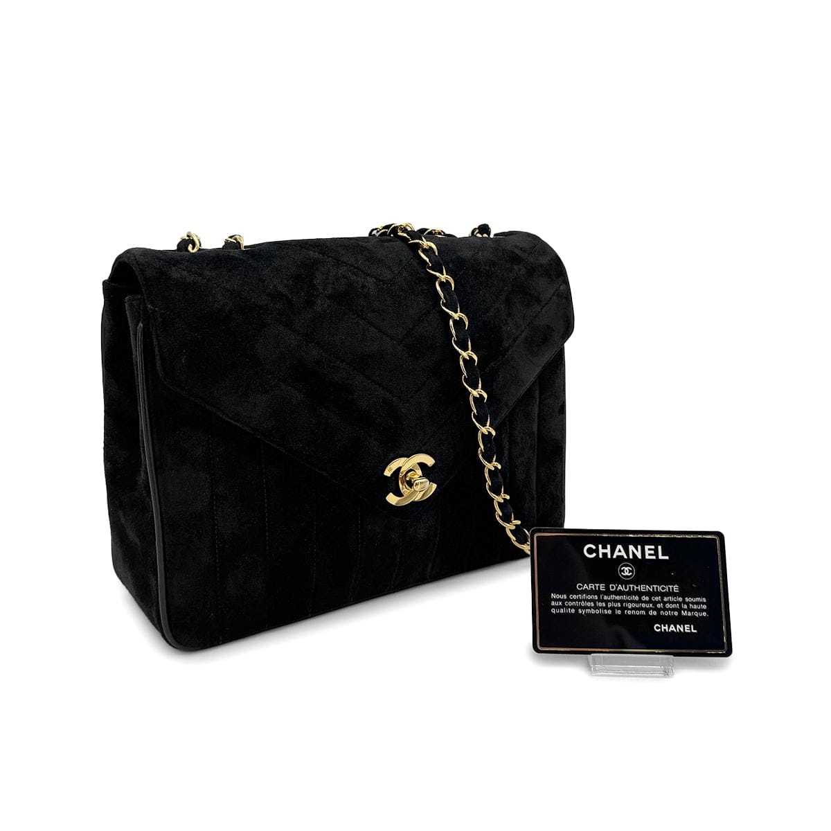 VINTAGE CHANEL V STITCH CHAIN SHOULDER BAG BLACK SUEDE GOLD HARDWARE 90317296