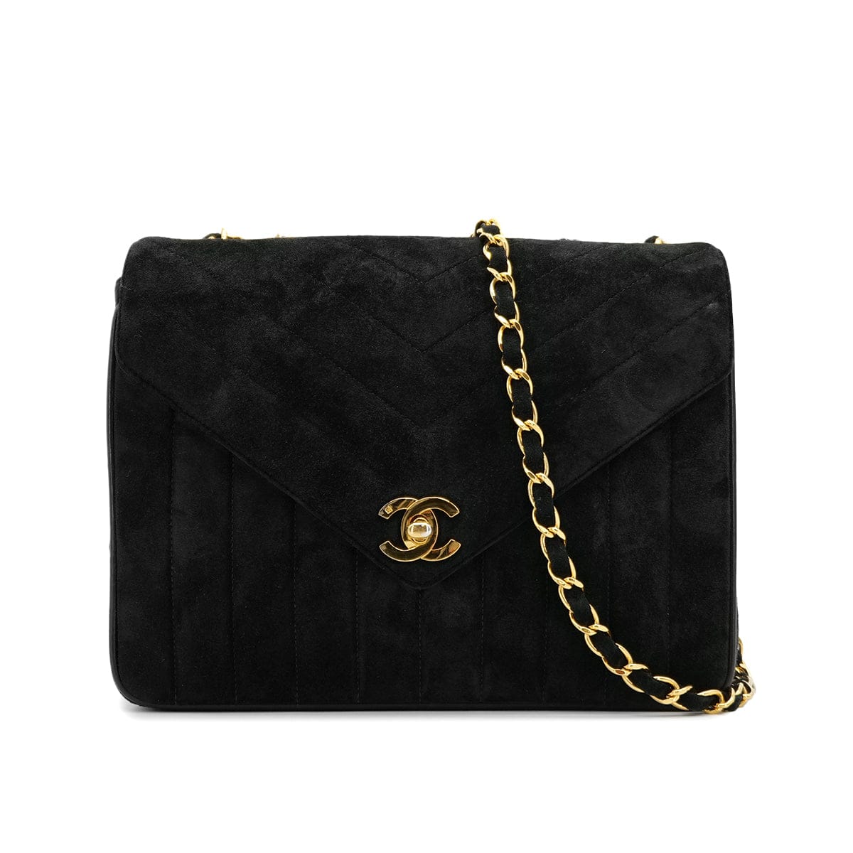VINTAGE CHANEL V STITCH CHAIN SHOULDER BAG BLACK SUEDE GOLD HARDWARE 90317296