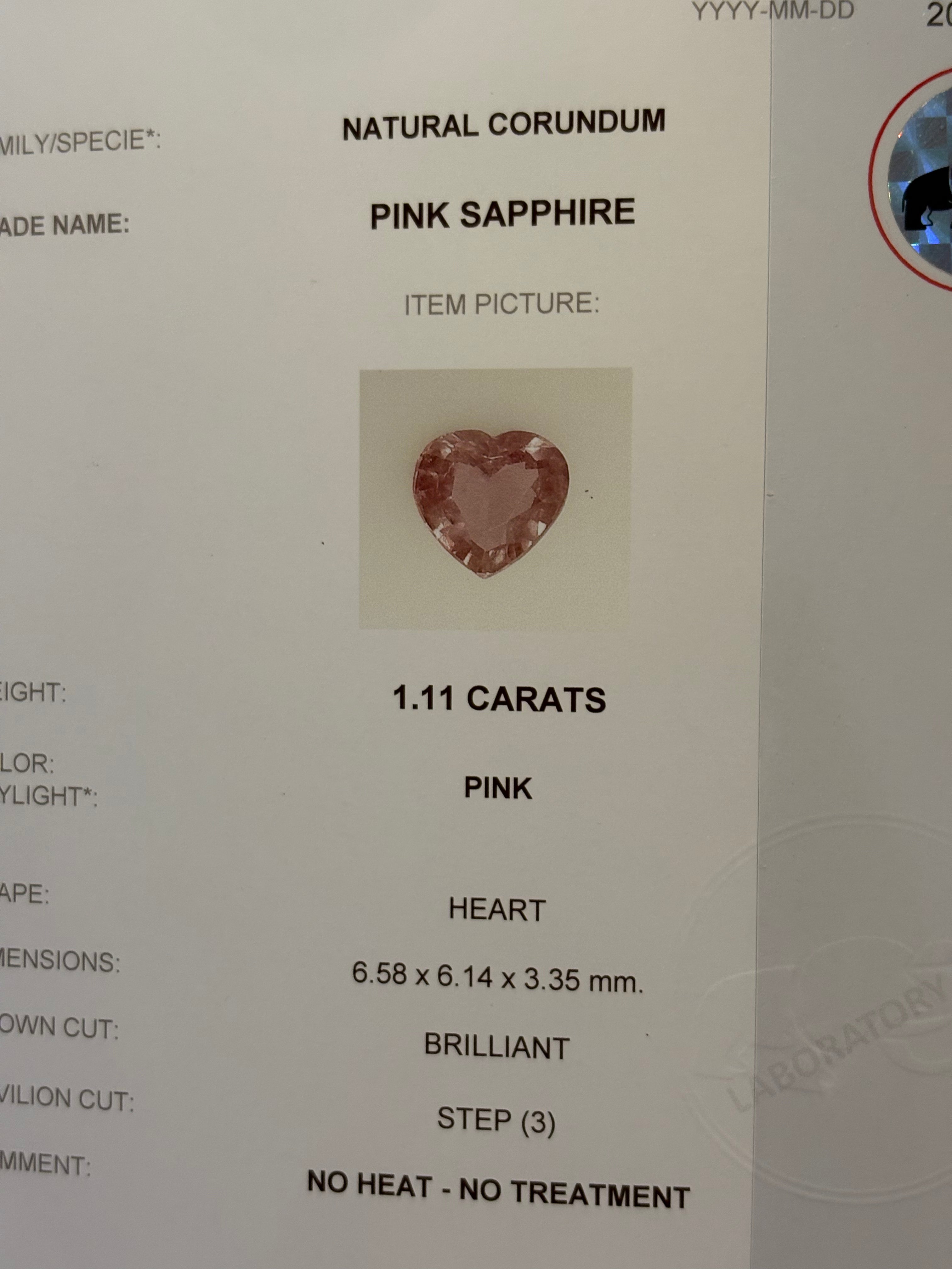 Luxury Promise 1.11ct Heart Pink Sapphire with Lab Report (No heat) DXBCD0742