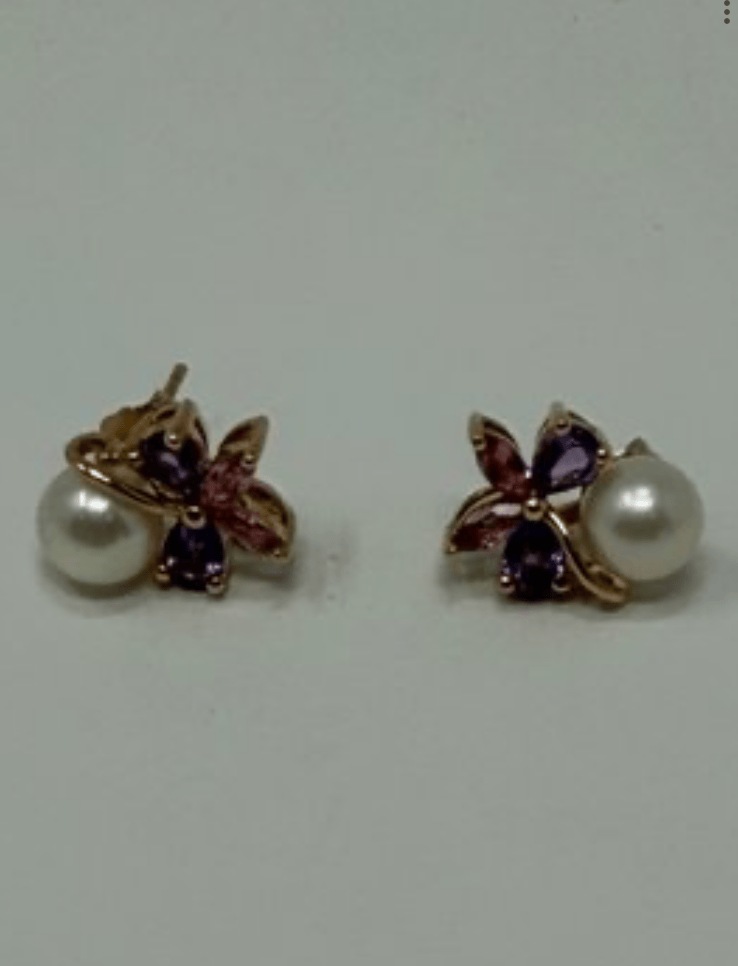 Luxury Promise 10k rg pearl with amethyst and pink sapphire bow earrings AFI036