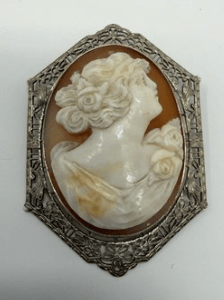 Luxury Promise 10ky art nouveau (1900s) cameo filigree border med rosette brooch 8.12g AFI083
