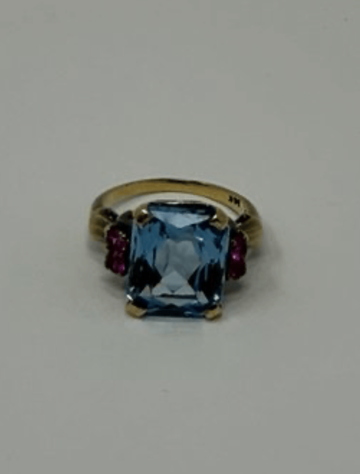 Luxury Promise 14k antique yg 3.65g sz 4.75 cotton candy 6ct blue topaz 0.30ct ruby 0.10ct pink sapphire ring AFI068