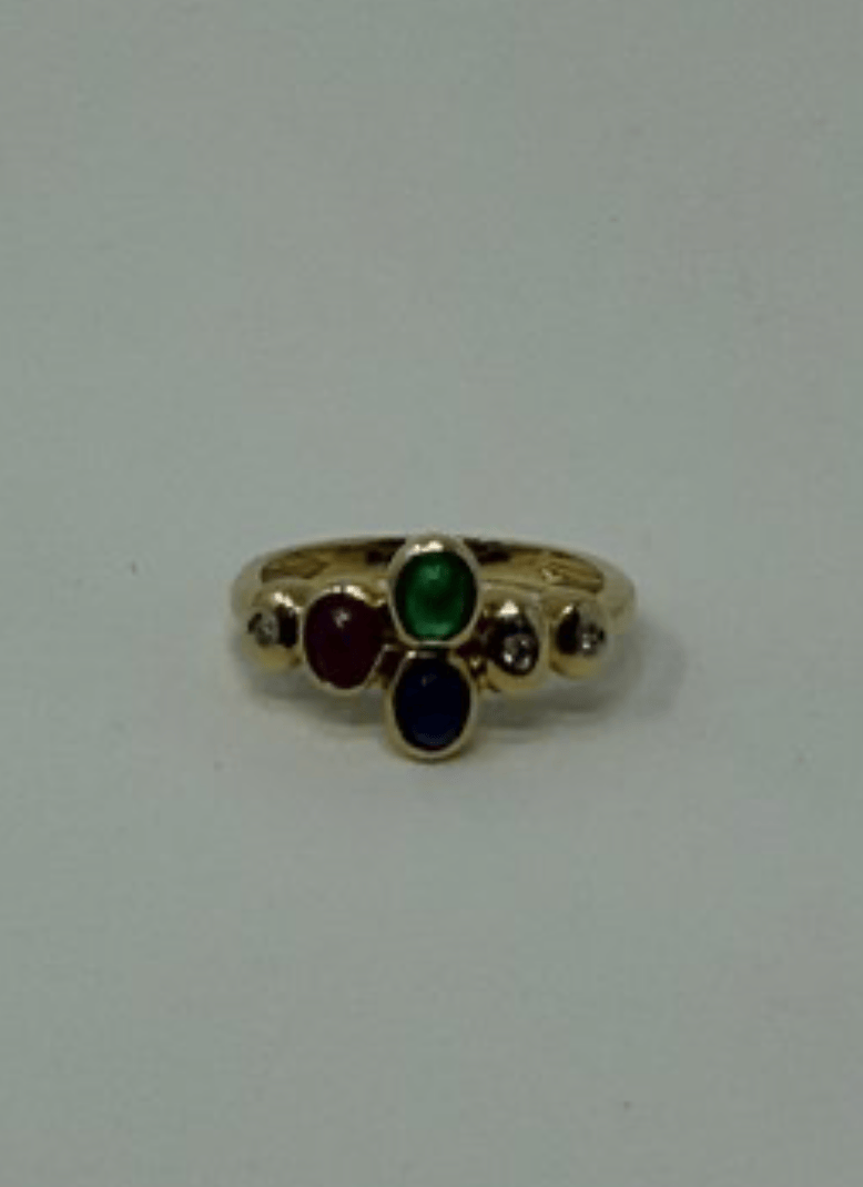 Luxury Promise 14ky sz 5.5 3g cabochon bezel 0.9ctw em rub sapp 0.10ctd ring AFI047
