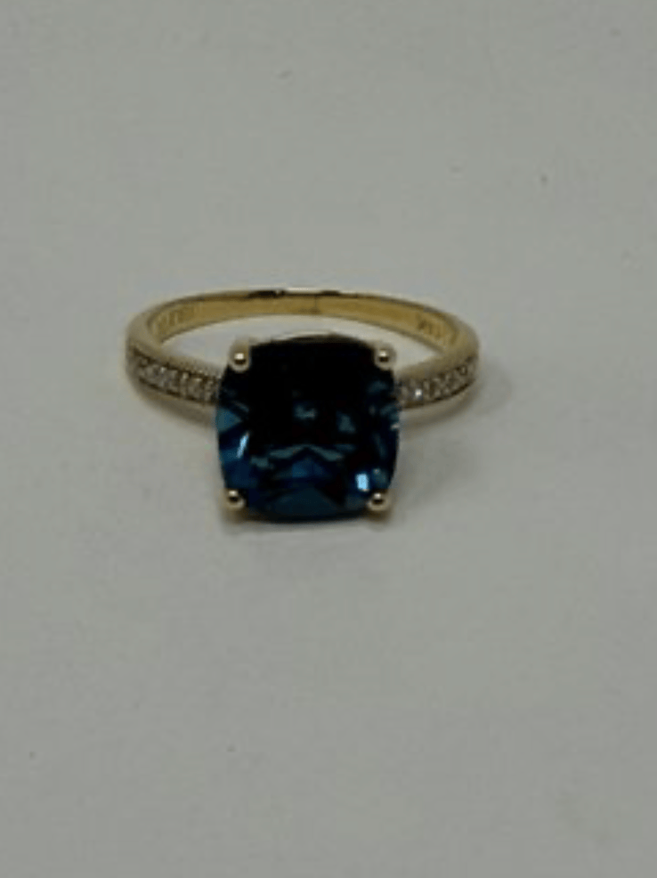 Luxury Promise 14ky sz 8 3.18g 4.5ct-london blue topaz 0.10ctw-diamond ring AFI052