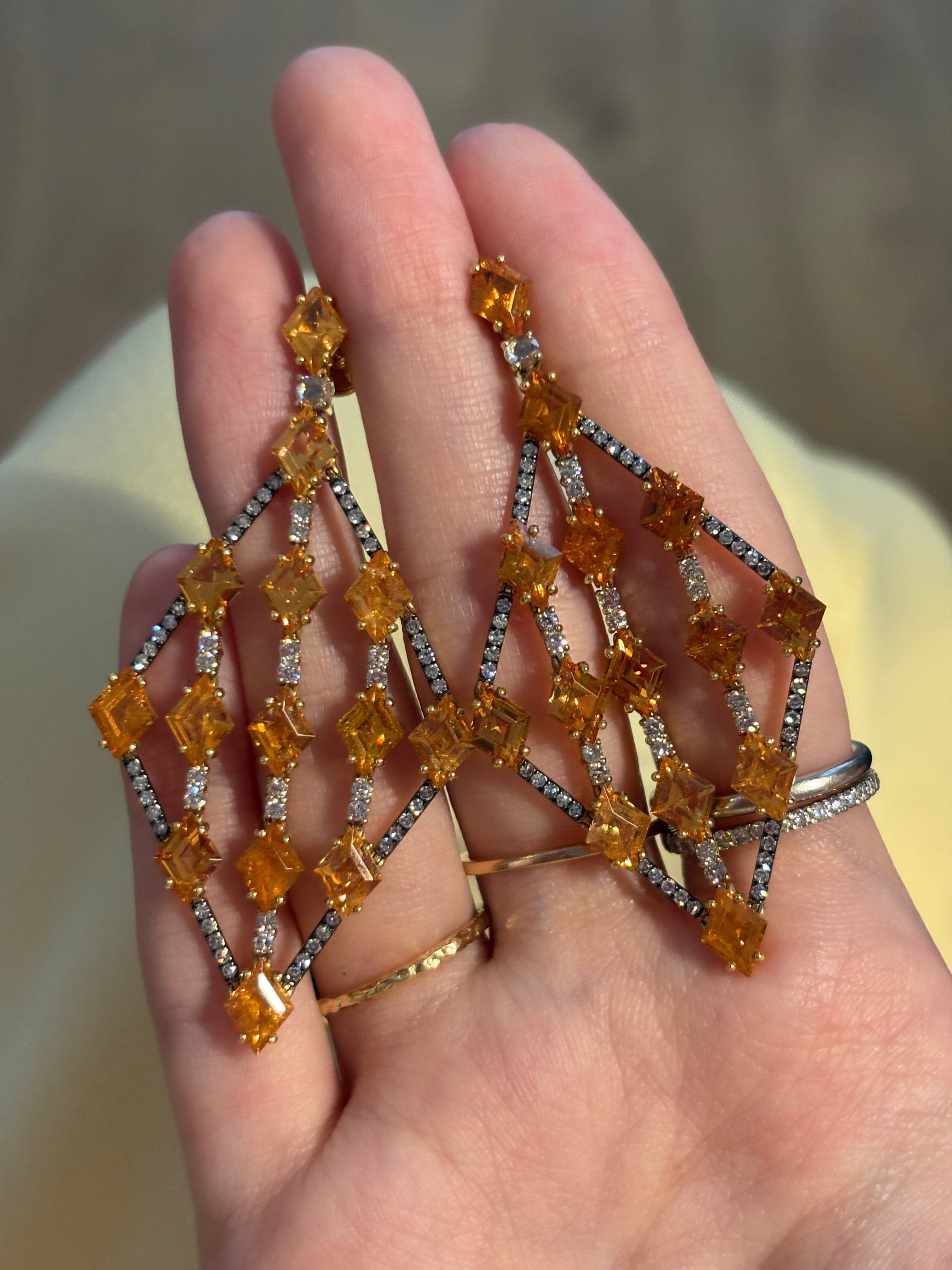 Luxury Promise 18K EARRINGS White and Yellow GoldMandarin Garnet 19.51 ct / 28 pcsRose cut Diamonds 0.17 ct / 2 pcsDiamonds 0.65 ct / 32 pcsDiamonds 0.58 ct / 80 pcs E1361