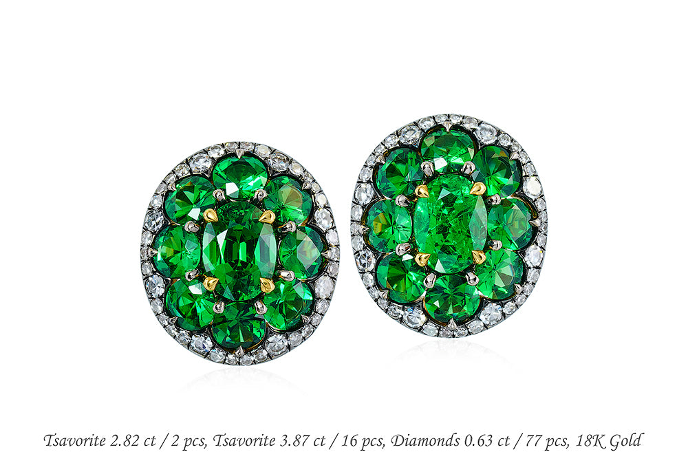 Luxury Promise 18K EARRINGS Yellow and Pink GoldTsavorite 2.82 ct / 2 pcsTsavorite 3.87 ct / 16 pcsDiamonds 0.63 ct / 77 pcs E1612