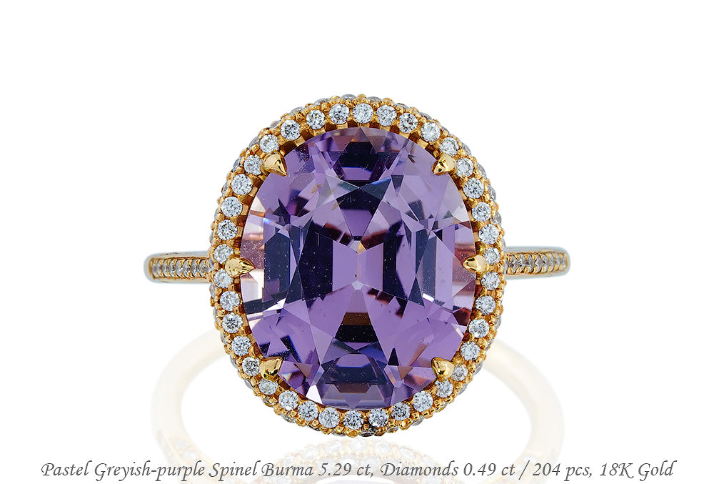 Luxury Promise 18K RING Gold, Pastel Greyish-purple Spinel 5.29 ct, Diamonds 0.49 ct / 204 pcs R1133