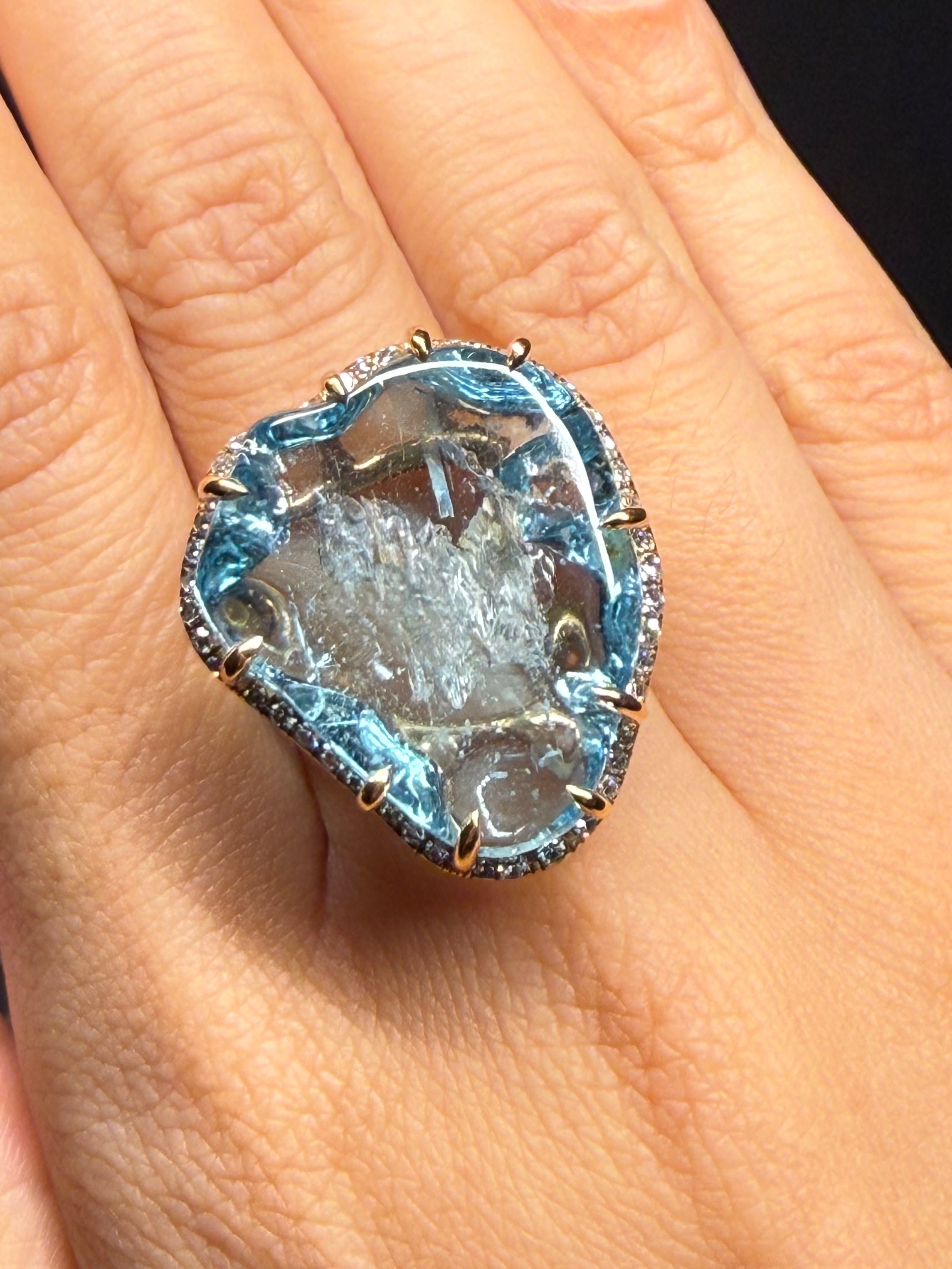 Luxury Promise 18K RING Pink Gold, Aquamarine 33.45 ct, Diamonds 0.95 ct/ 160 pcs R1163