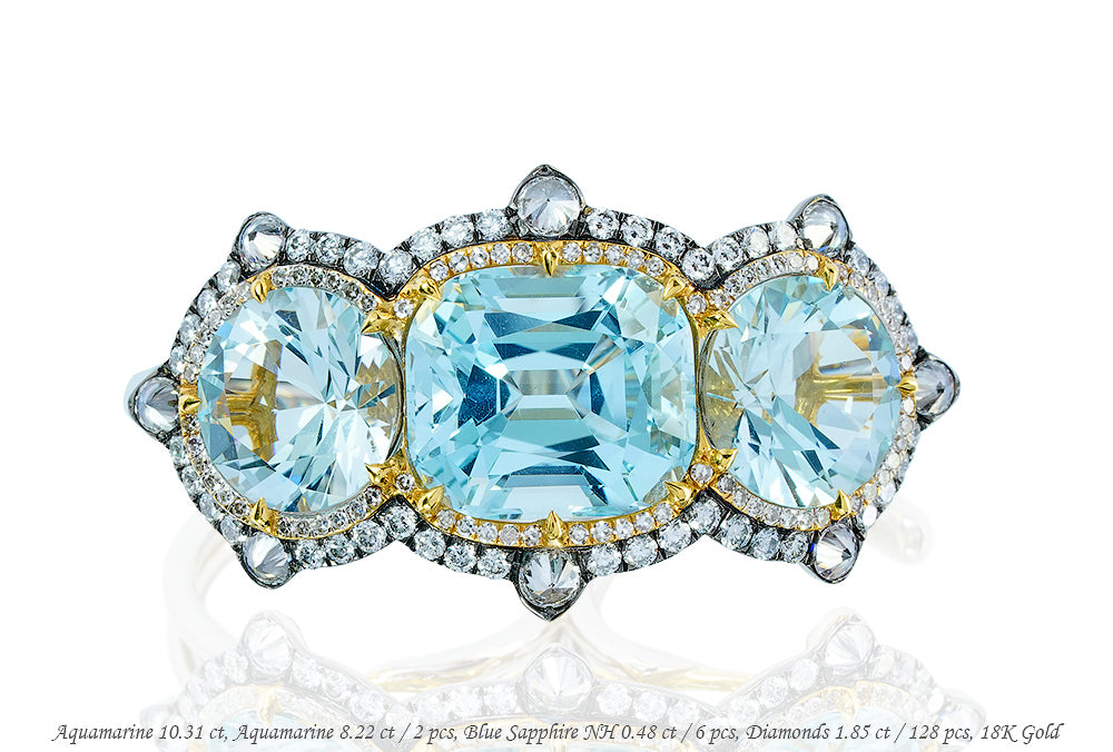 Luxury Promise 18K RING Plattinum and 22K Yellow GoldAquamarine 10.31 ctsDiamonds 8.22 cts / 2 pcsBlue Sapphire 0.48 ct / 6 pcsDiamonds 1.85 ct / 128 pcs R12127
