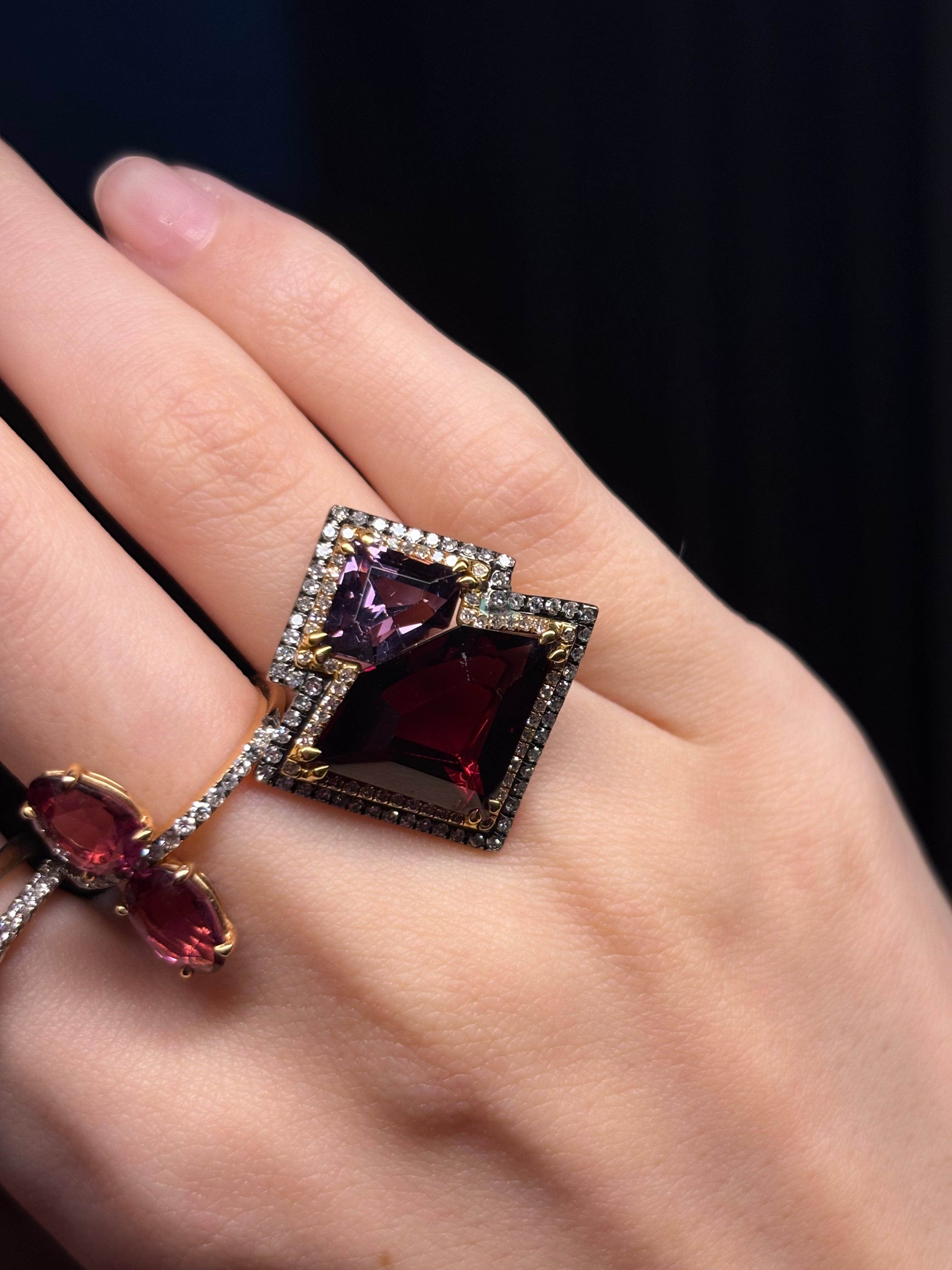 Luxury Promise 18K RING White Pink and Yellow Gold 5.62 Gm, Rhodolite Garnet 9.70 ct, Spinel 2.85 ct, Diamonds 0.52 ct / 110 pcs R1232