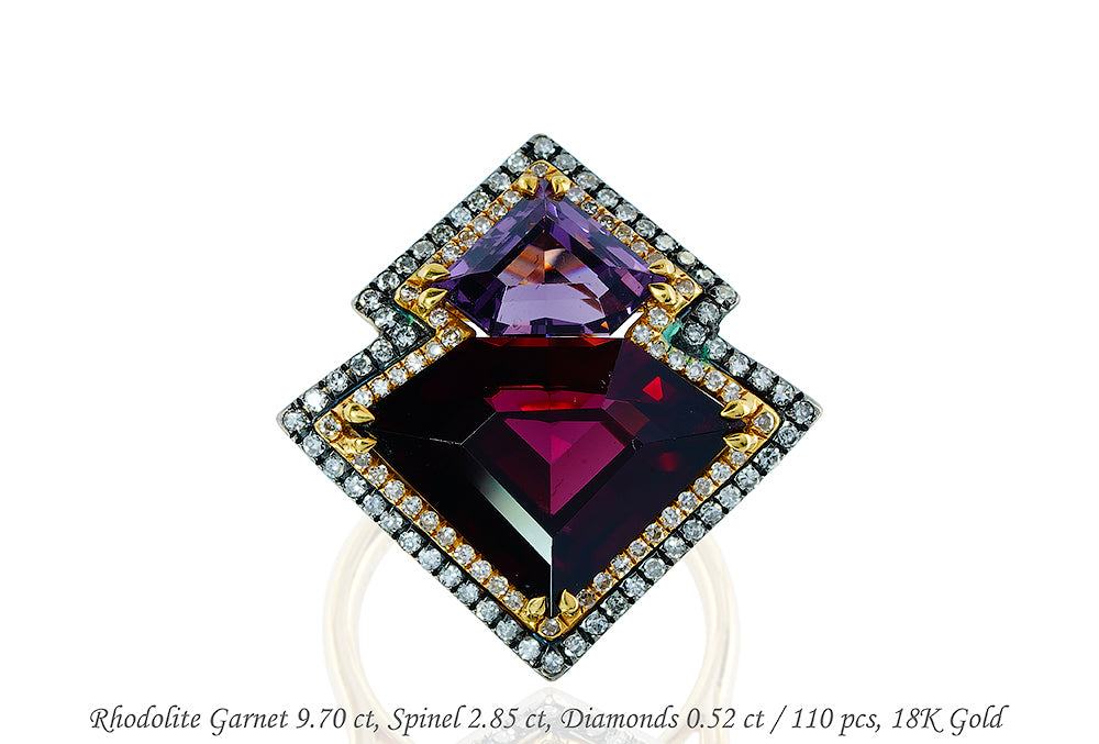 Luxury Promise 18K RING White Pink and Yellow Gold 5.62 Gm, Rhodolite Garnet 9.70 ct, Spinel 2.85 ct, Diamonds 0.52 ct / 110 pcs R1232