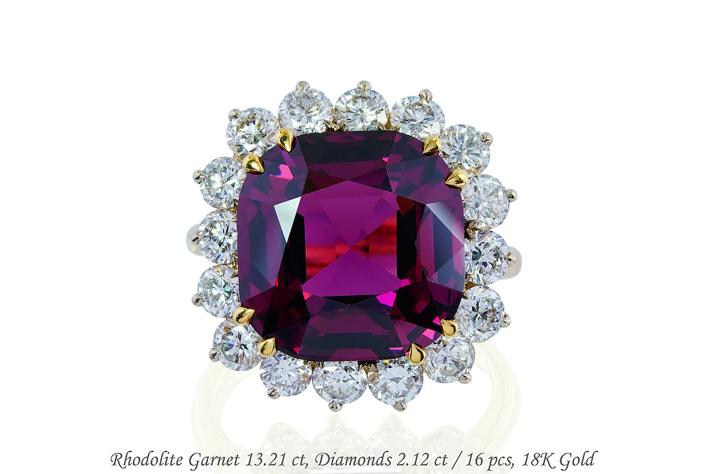 Luxury Promise 18K RING White Yellow GoldRed Rhodolite Garnet 13.21 ctDiamonds 2.12 ct / 16 pcs R12191