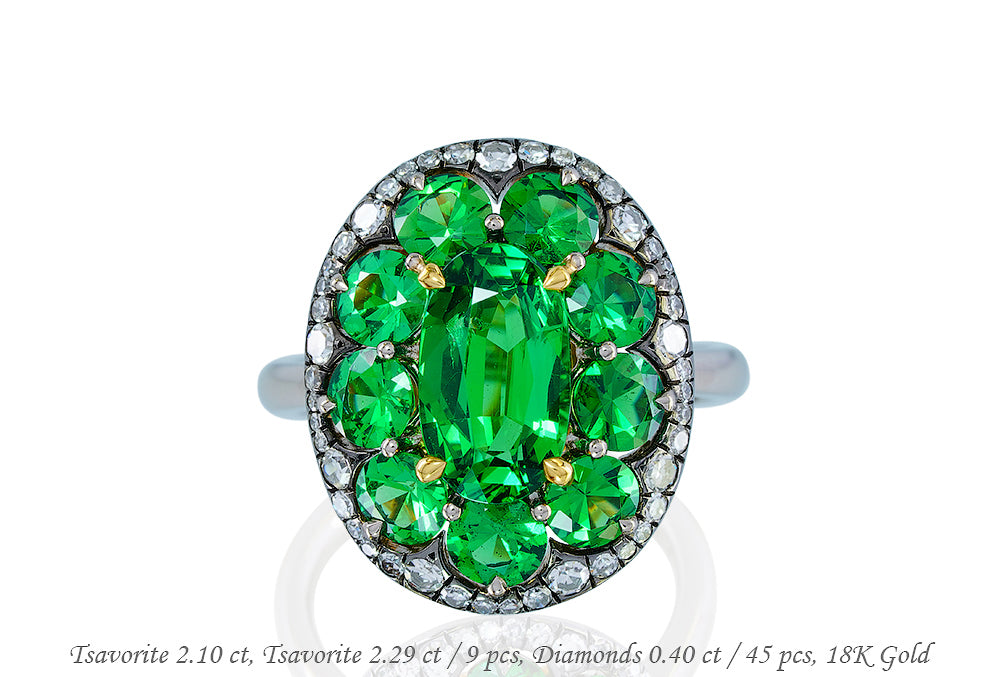 Luxury Promise 18K RING Yellow and Pink GoldTsavorite 2.10 ctTsavorite 2.29 ct / 9 pcsDiamonds 0.40 ct / 45 pcs R1516