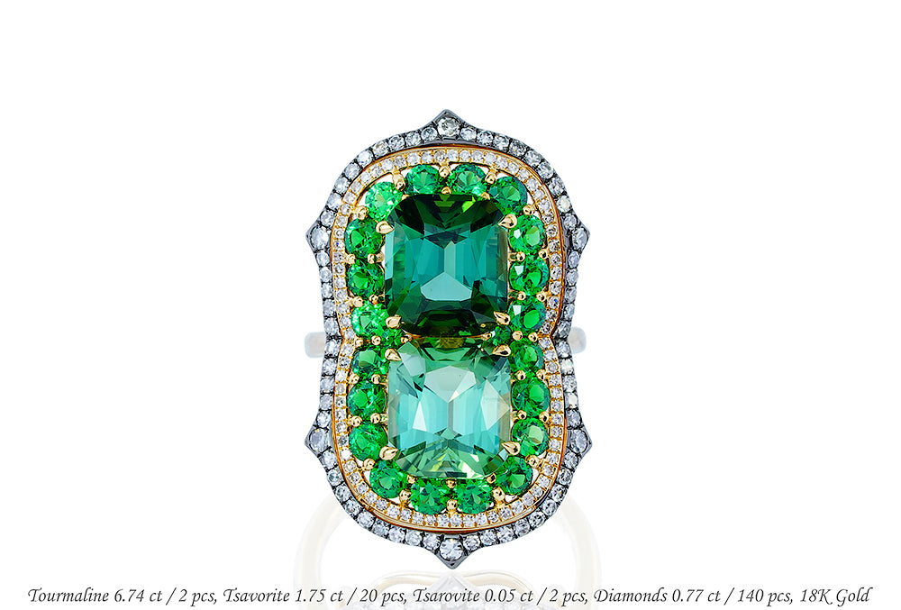 Luxury Promise 18K RING Yellow and White GoldTourmaline 6.74 ct / 2 pcsTsavorite 1.75 ct / 20 pcsTsarovite 0.05 ct / 2 pcsDiamonds 0.77 ct / 140 pcs R13218