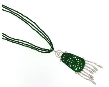 Luxury Promise 18K WG NECKLACE WITH DIAMOND AND GEMS DD 145p 1.39Ct JADE 1p 13.98Ct BEAD 70.89Ct WG 11.900G N0000-7276