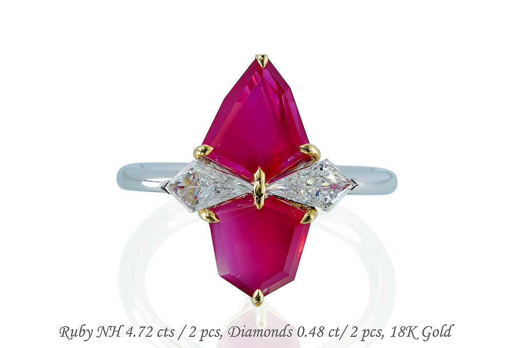 Luxury Promise 18K YG & PD RING Ruby NH 2.48 ctRuby NH 2.24 ctDiamonds 0.48 ct / 2 pcs R2203