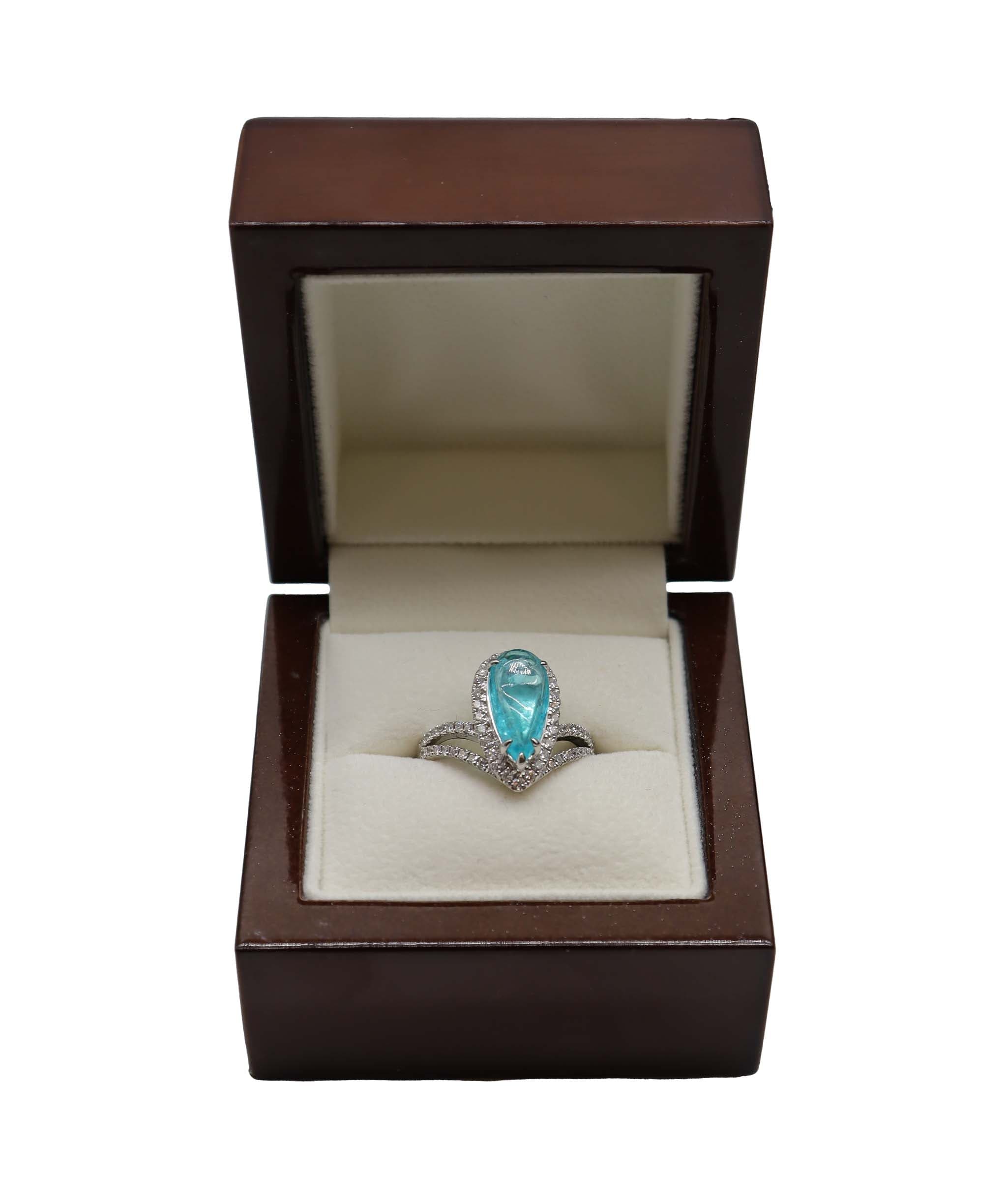 Luxury Promise 2.46CT PEAR CABOCHON BRAZILIAN PARAIBA & DIAMOND RING 18K WG DXBCS3476