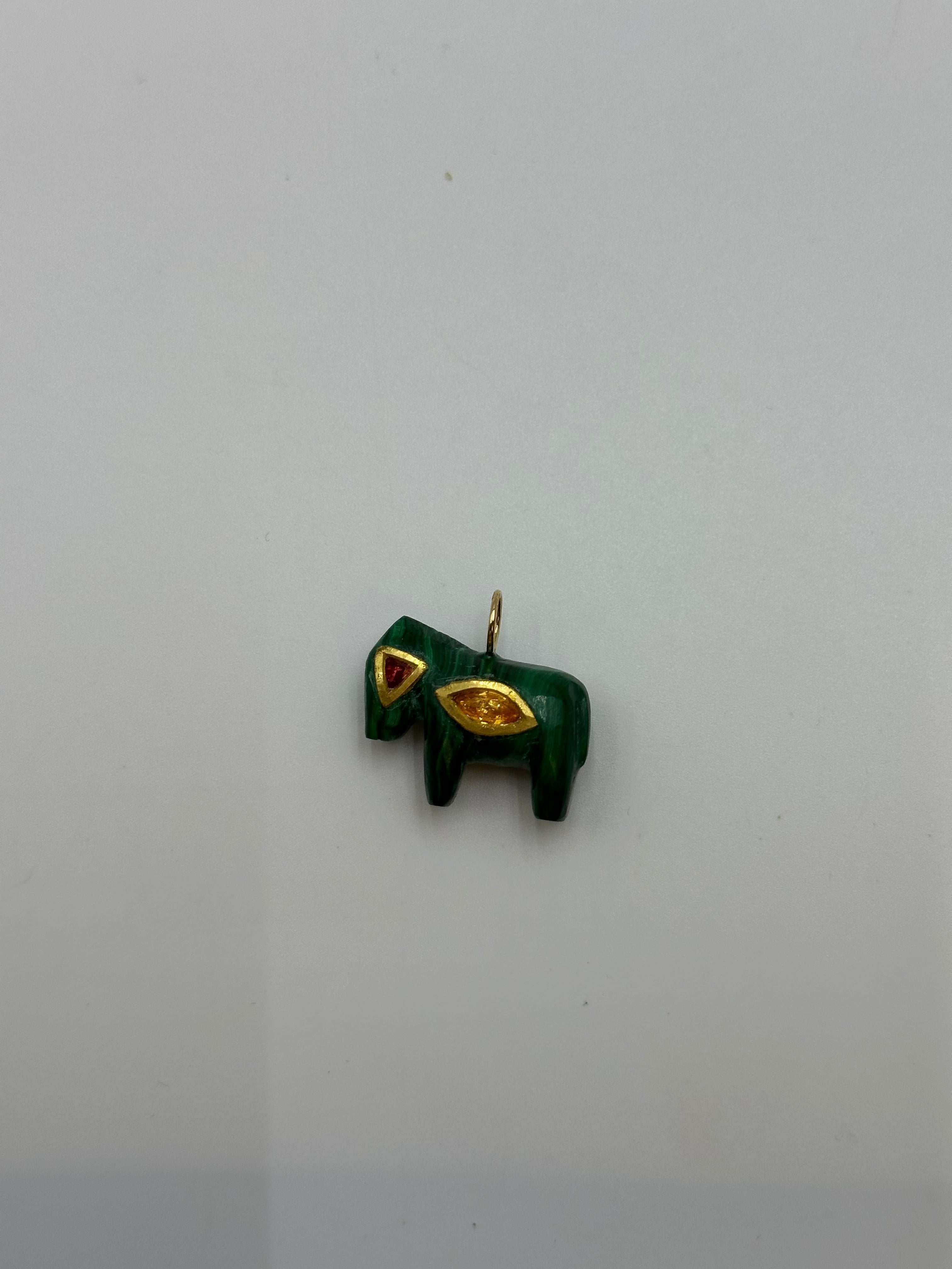 Luxury Promise 24K Solid Gold Carved Horse Malachite & Yellow, Red Sapphire DXBV0513