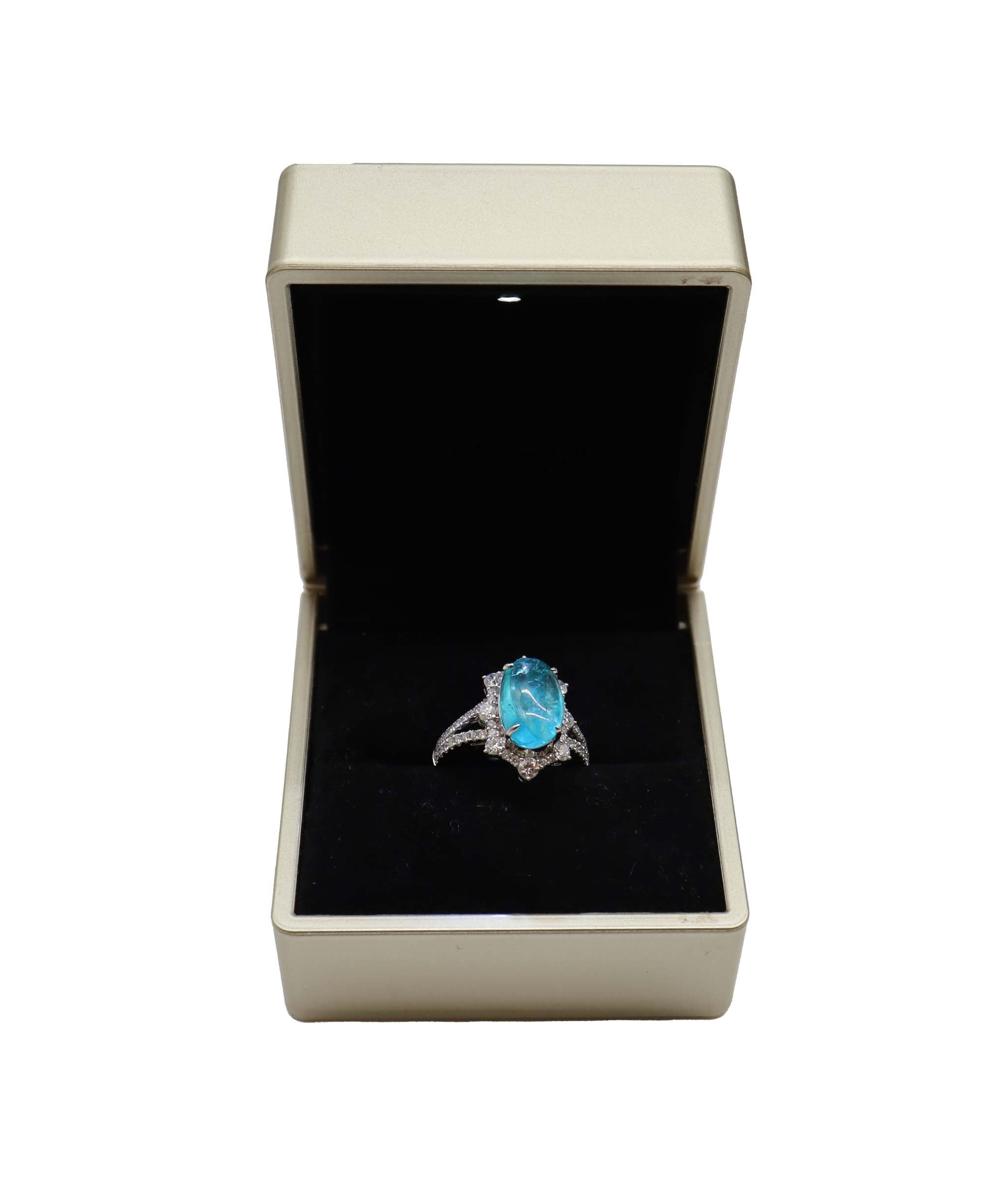Luxury Promise 4.16CT OVAL CABOCHON BRAZILIAN PARAIBA & DIAMOND RING 18K WG DXBCS3475