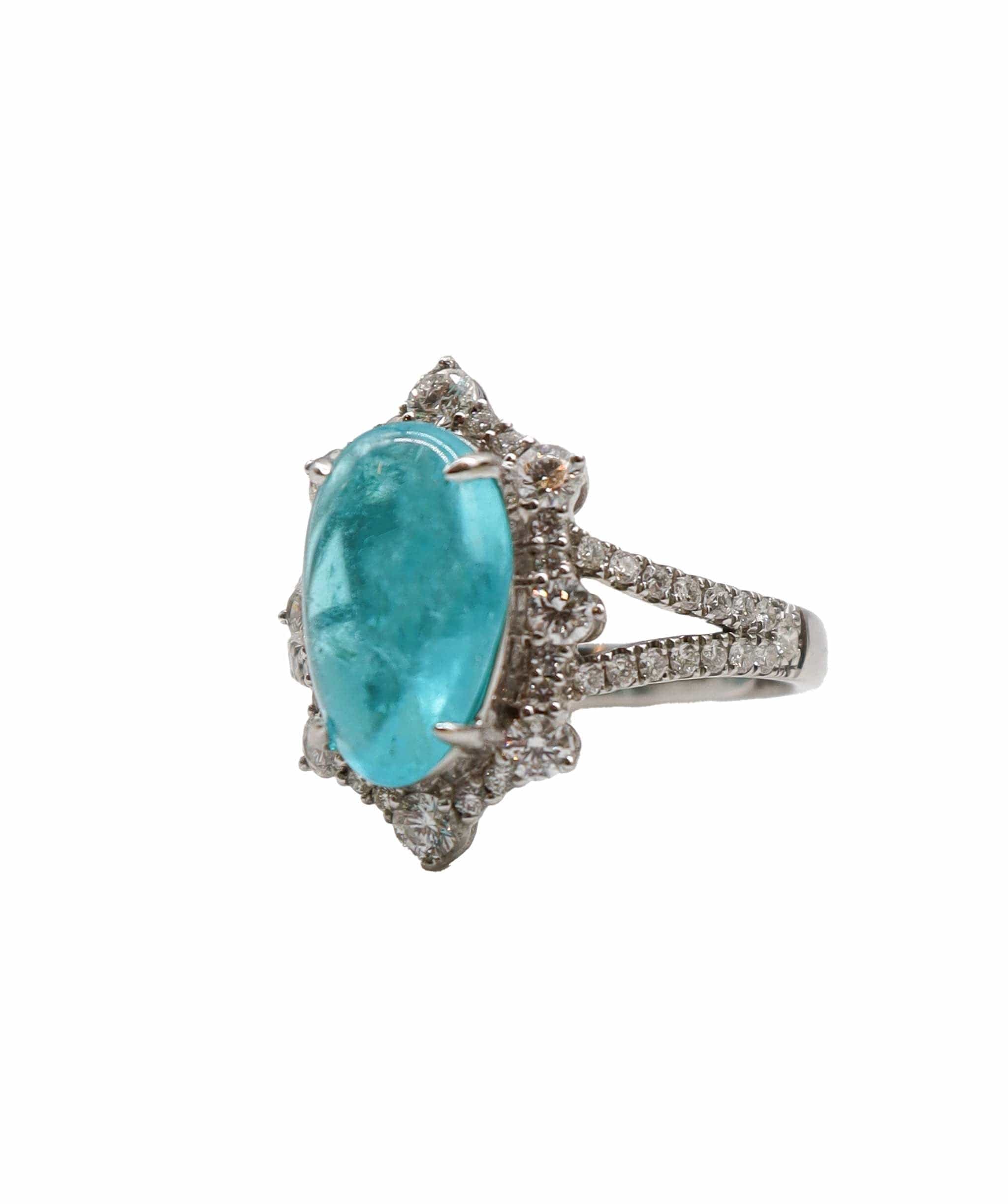 Luxury Promise 4.16CT OVAL CABOCHON BRAZILIAN PARAIBA & DIAMOND RING 18K WG DXBCS3475
