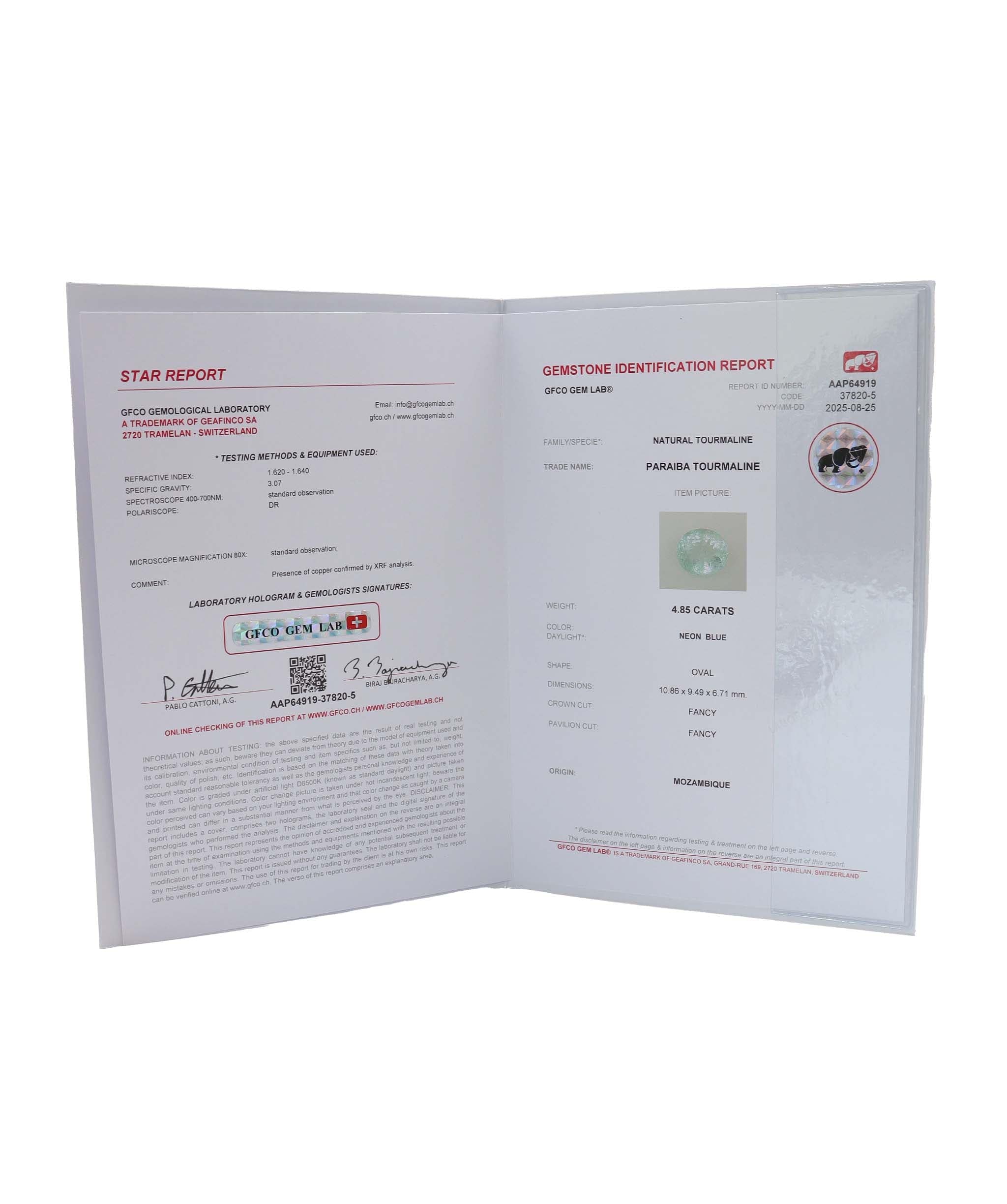 Luxury Promise 4.85ct paraiba tourmaline DXBCD0663