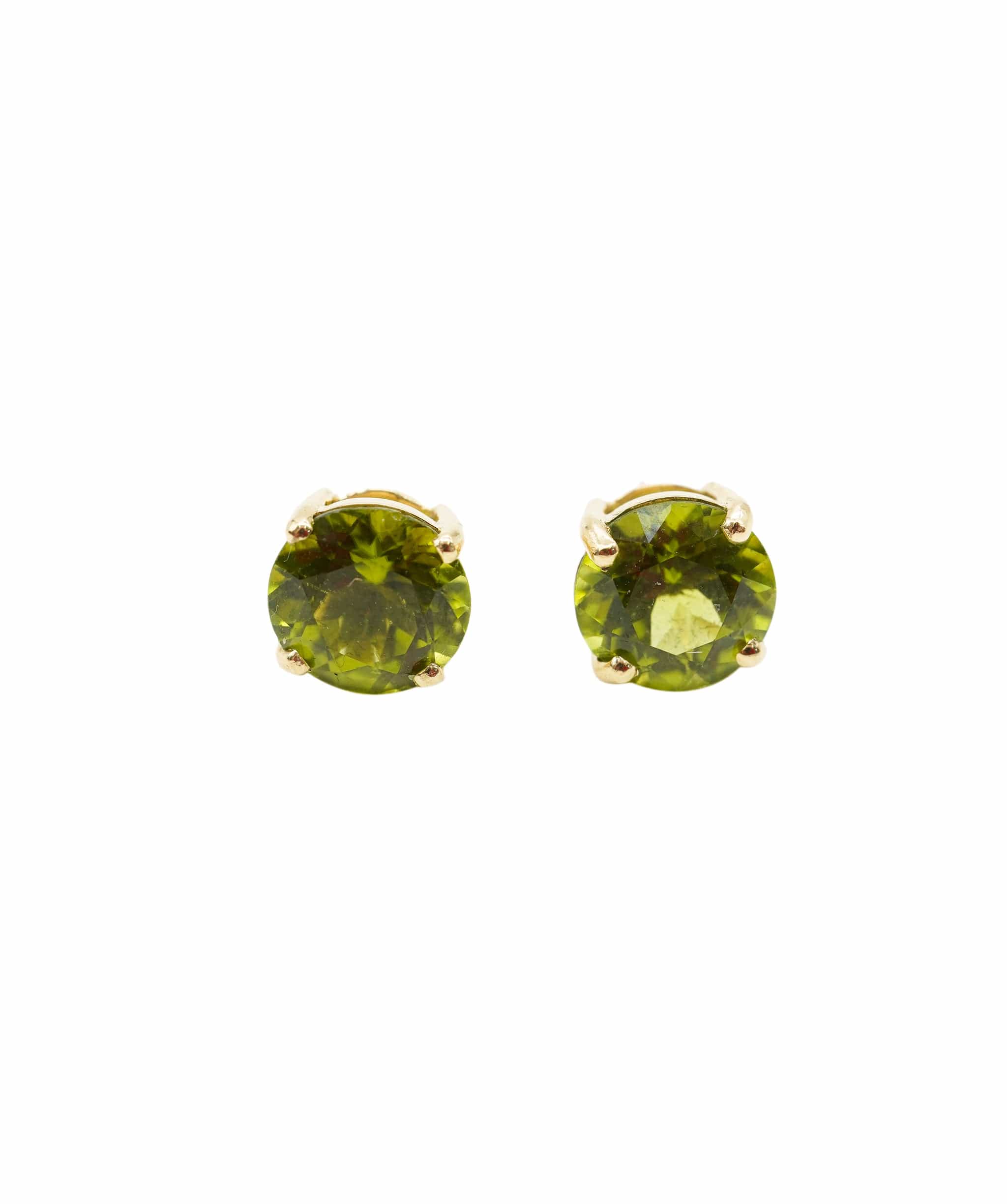 Luxury Promise 5.69CT Peridot Round Brilliant PAIR Set in 18crt Yellow Gold Studs with a basket setting
