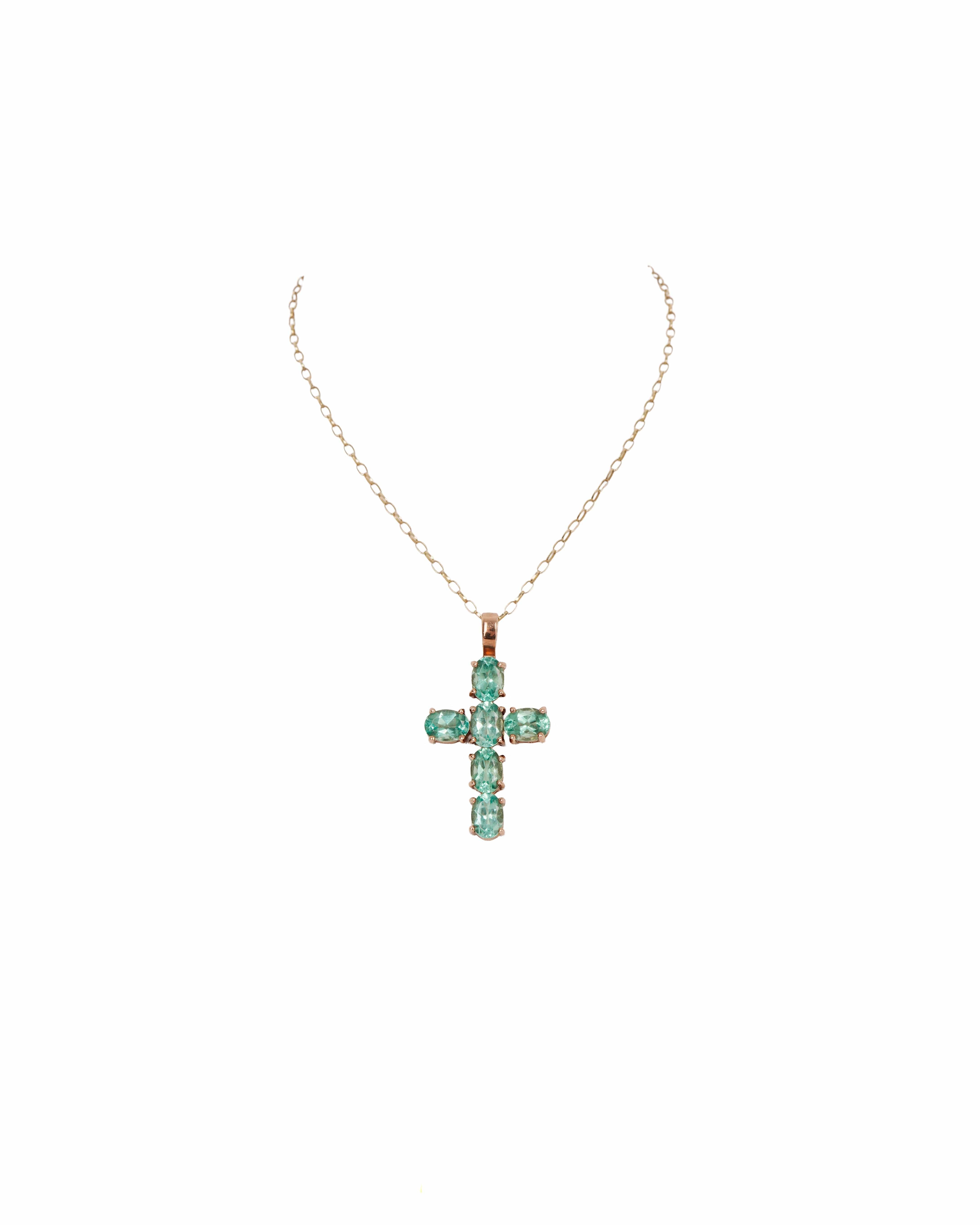 Luxury Promise 9ct gold green glass cross with chain ALTC0505
