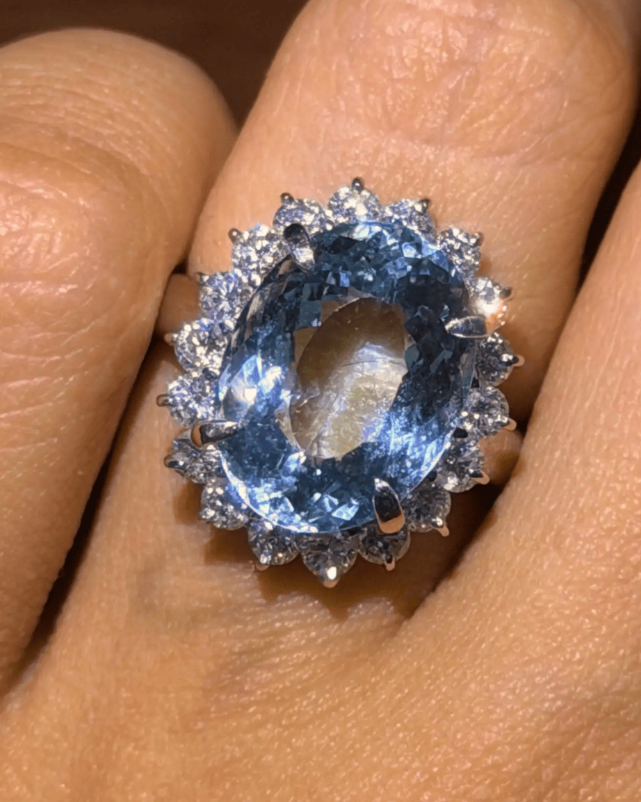 Luxury Promise Aquamarine Ring with Diamond Halo in PT900 / 8.4g, AQ5.71ct, D1.05ct 4262 JJC0073