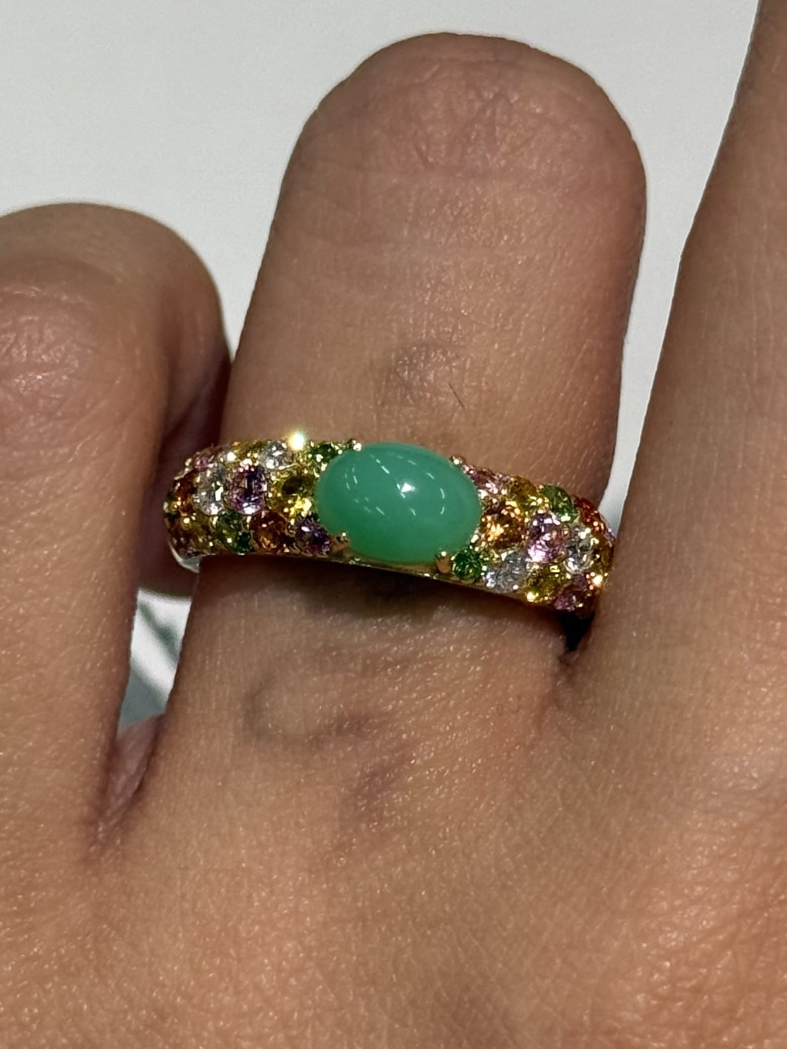 Luxury Promise Cabochon Jade Ring with Multi-Gem and Diamond Accents in 18K / 4.20g, CL0.27ct, other stones 0.60ct / Size 5.5 US 024413 JJC0030