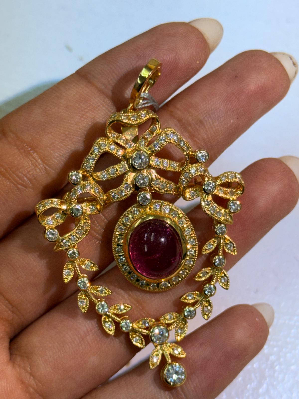 Luxury Promise Cabochon Tourmaline Pendant with Diamond Halo and Ornamental Floral Scroll Motif in 18K / 15.12g, TM5.75ct, D1.88ct 023304 JJC0046