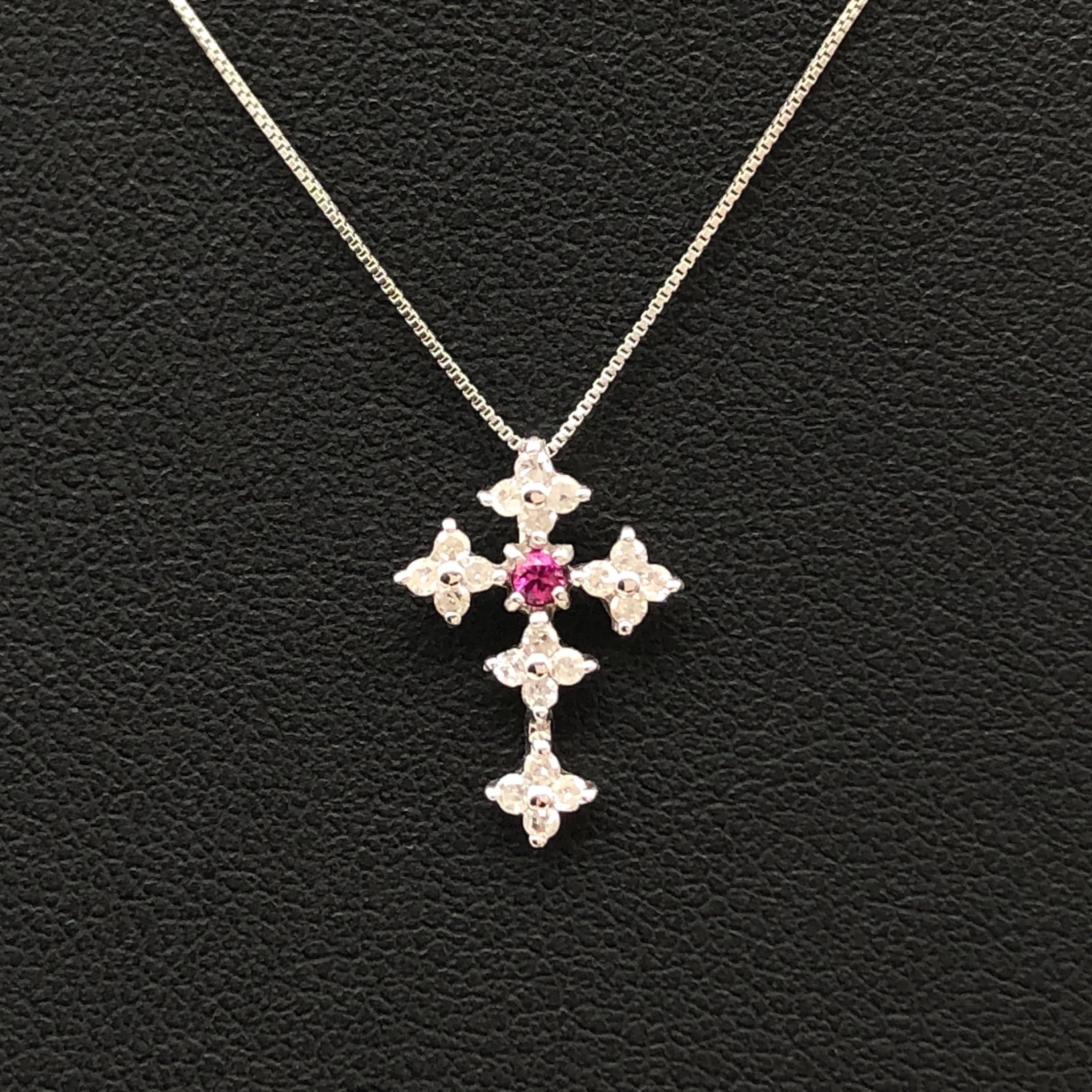 Luxury Promise Cross Motif Diamond & Ruby Necklace, D(0.15ct), R(0.02ct), K14WG, 1.1g, 16inch ALC3339