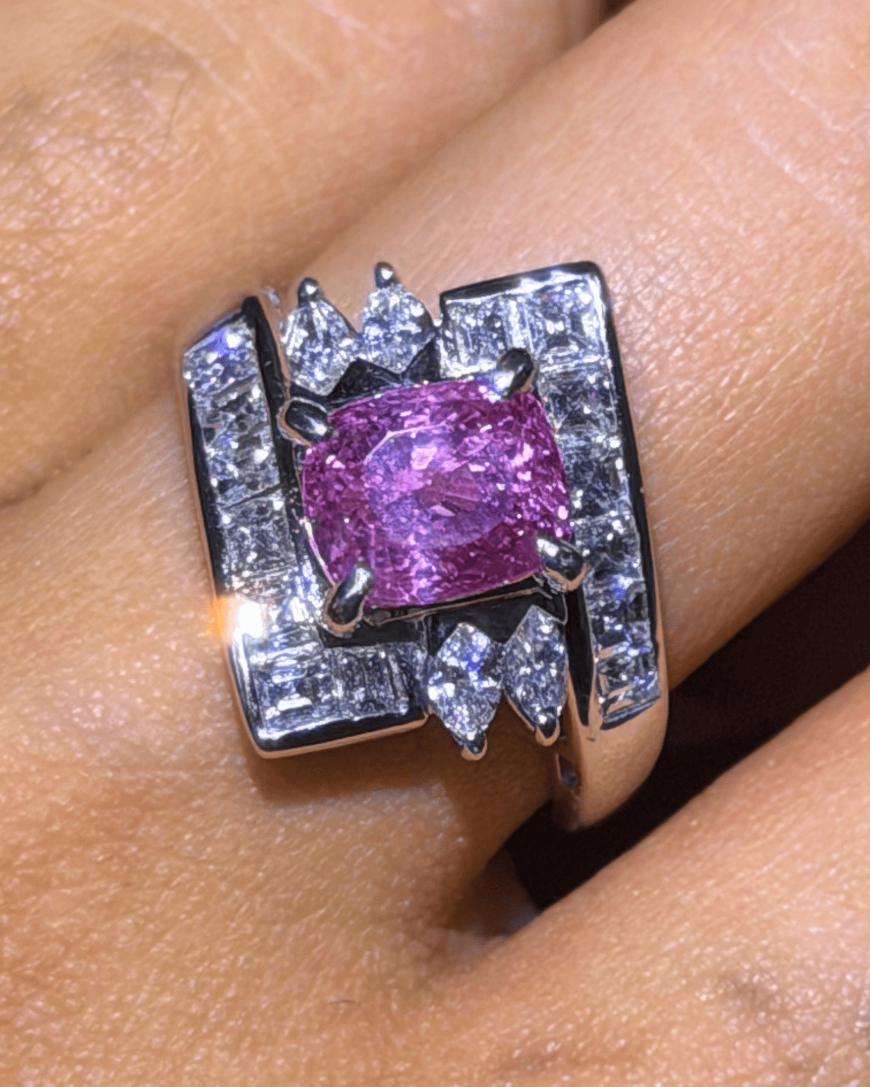 Luxury Promise Cushion Cut Sapphire Ring with Diamond Halo in PT900 / 9.83g, S1.135ct, D1.22ct 2621 JJC0080