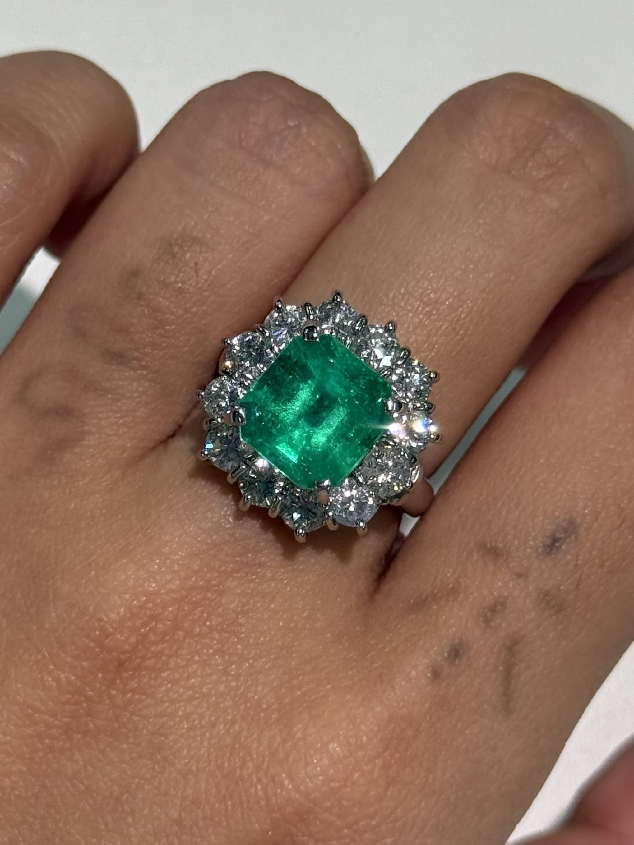 Luxury Promise Emerald-Cut Emerald Ring with Diamond Halo in PT900 / 13.20g, E3.43ct, D2.25ct / Size 6 US 023947 JJC0031