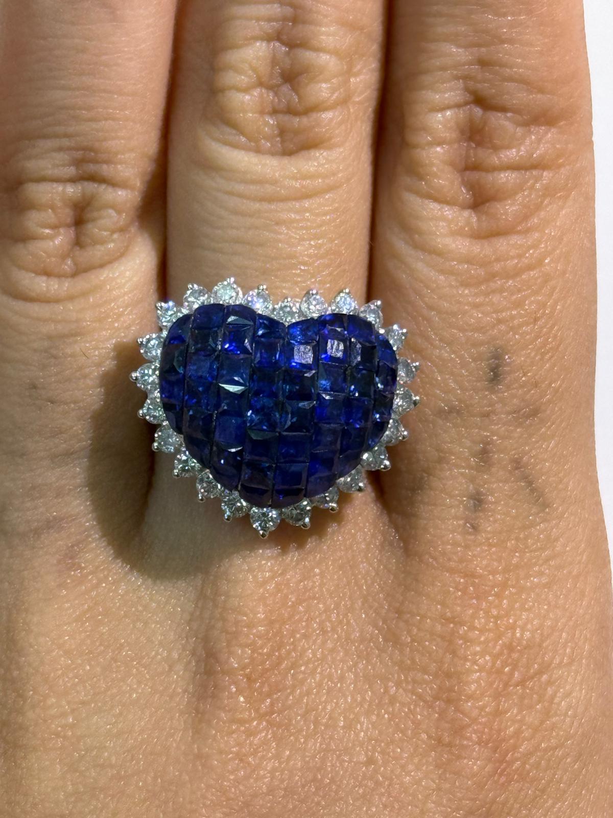 Luxury Promise Heart-Shaped Invisible-Set Sapphire Ring with Diamond Halo in 18KWG / 10.70g, S4.10ct, D0.97ct / Size 8.5 US 024494 JJC0049